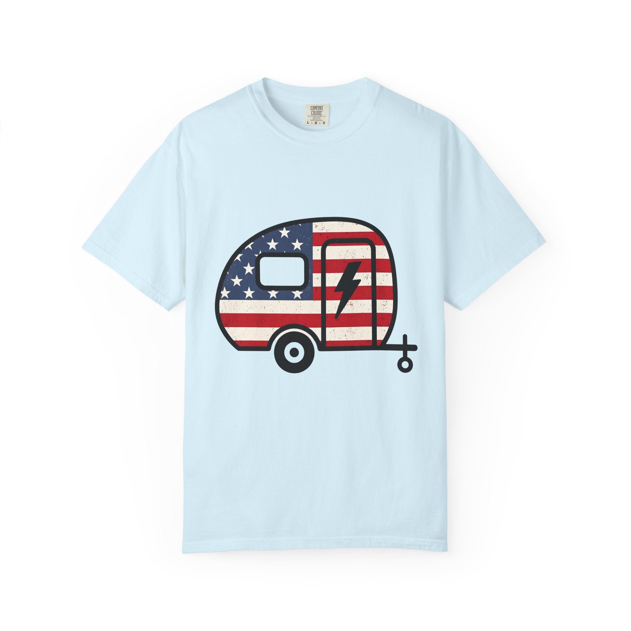 Camper Flag Shirt 4th Of July Camping Gift Women Vintage Tee Flag T-Shirt Patriot Fan Retro Tshirt Outdoor Graphic Distressed Lightning Bolt