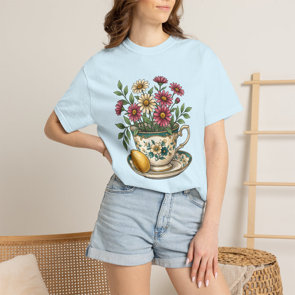Floral Teacup Shirt Easter Floral Gift Women Vintage Tee Teacup T-Shirt Easter Fan Retro Tshirt Blooms Illustration Hand Drawn Egg Tshirt