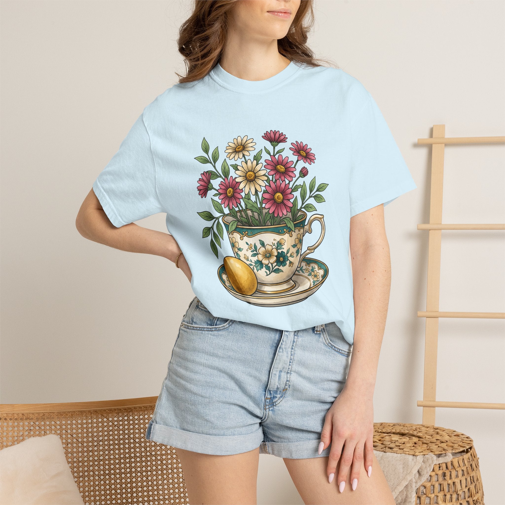 Floral Teacup Shirt Easter Floral Gift Women Vintage Tee Teacup T-Shirt Easter Fan Retro Tshirt Blooms Illustration Hand Drawn Egg Tshirt
