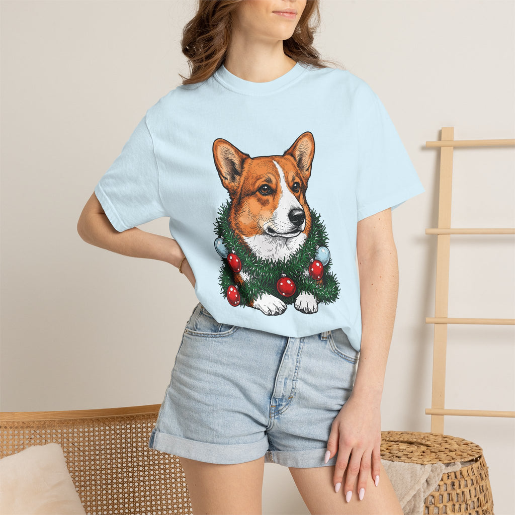 Corgi Pet Shirt Dog Yuletide Gift Women Line Art Tee Puppy T-Shirt Dog Fan Minimalist Tshirt Christmas Graphic Cartoon Festive Wreath Tshirt