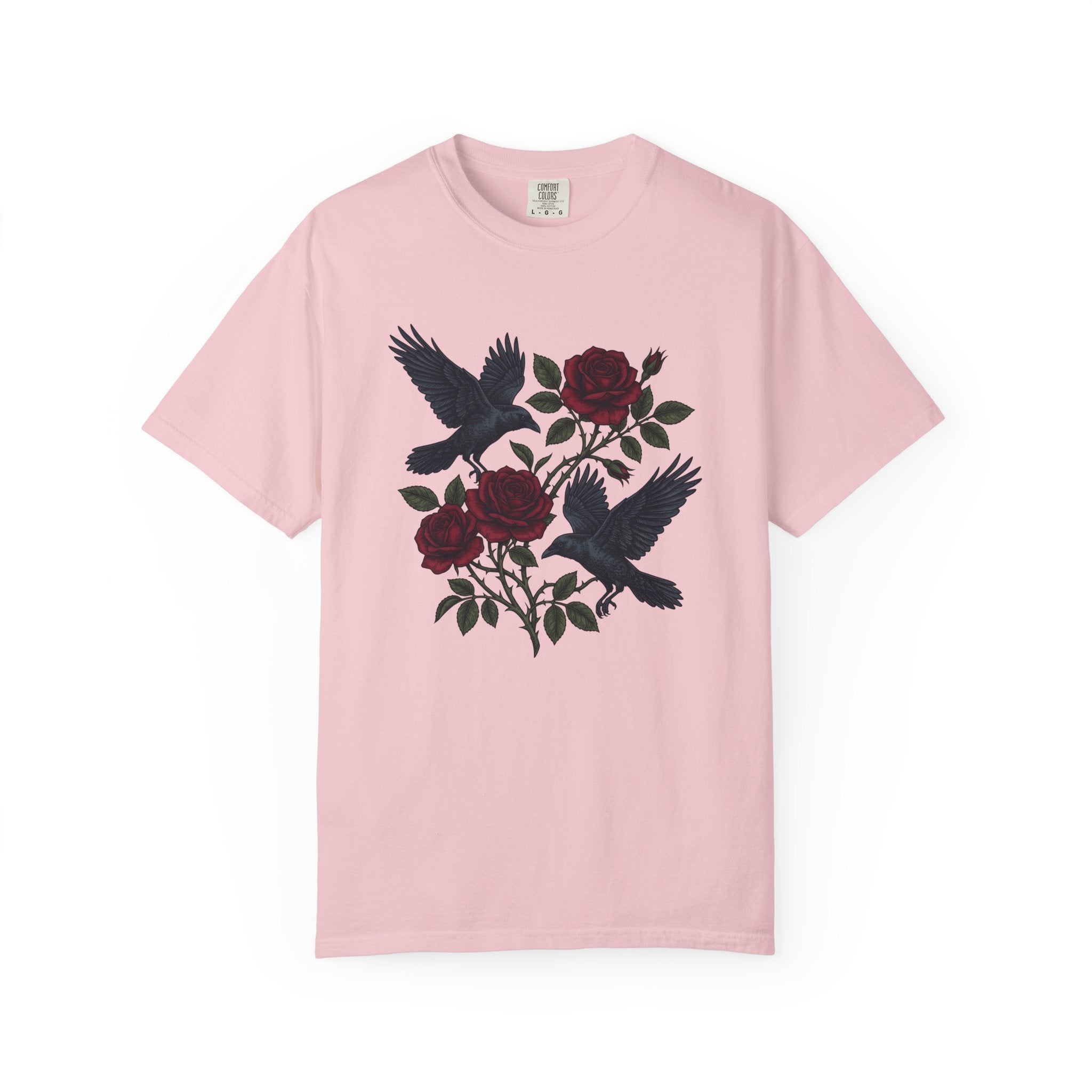 Blackbird Rose Shirt Animals & Flowers Gothic Gift Women Sketch Tee Black Rose T-Shirt Floral Fan Drawing Graphic Dark Old School Branches
