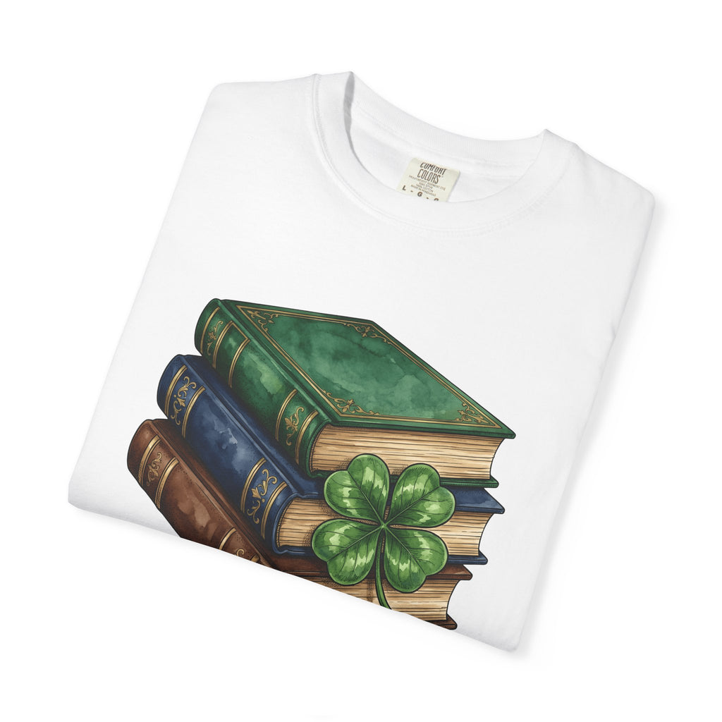 Book Stack Shirt St Patrick's Day Library Gift Women Illustration Tee Bookpile T-Shirt St Patricks Fan Book Art Tshirt Librarian Graphic