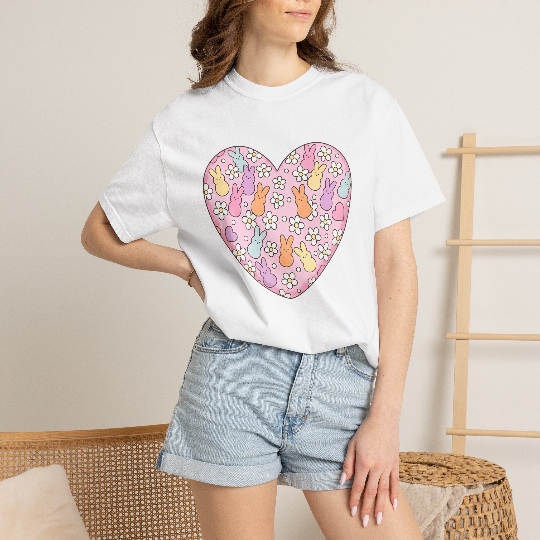 Pastel Rabbit Love Shirt Easter Outdoors Gift Women Line Art Tee Bunny T-Shirt Spring Fan Hand Drawn Tshirt Nature Graphic Sketch Daisy