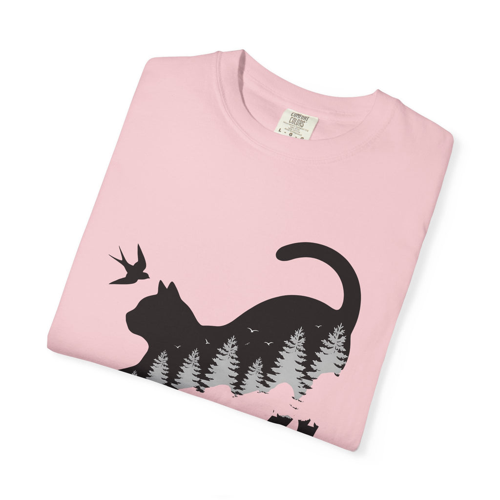 Feline Shape Shirt Cat Pets Gift Women Modern Tee Cat T-Shirt Cat Fan Contemporary Tshirt Animal Graphic Landscape Evergreen Trees Tshirt