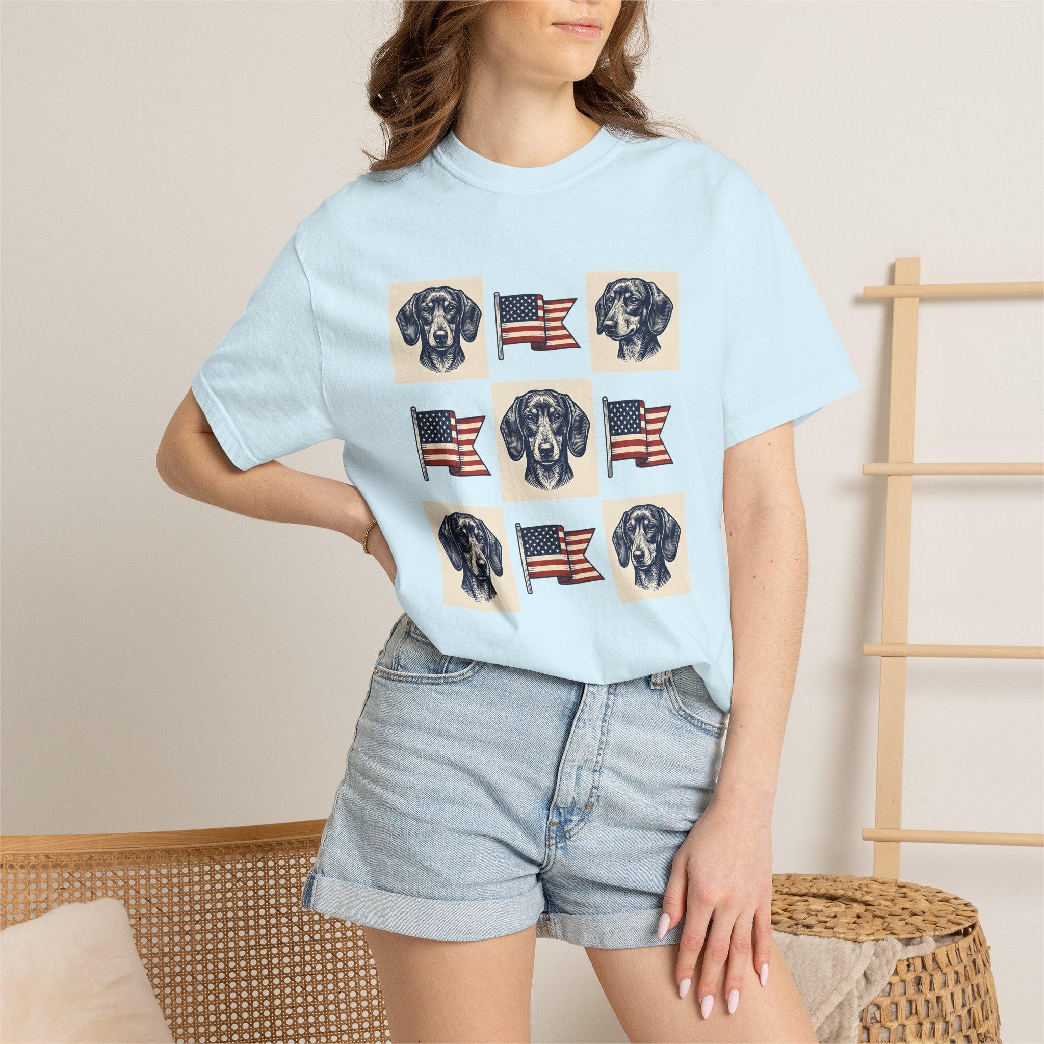 Dachshund Dog Shirt Dog Patriotic Gift Women Vintage Tee Wiener Dog T-Shirt Dog Fan Doodle Tshirt Star Spangled Graphic Retro American Flag