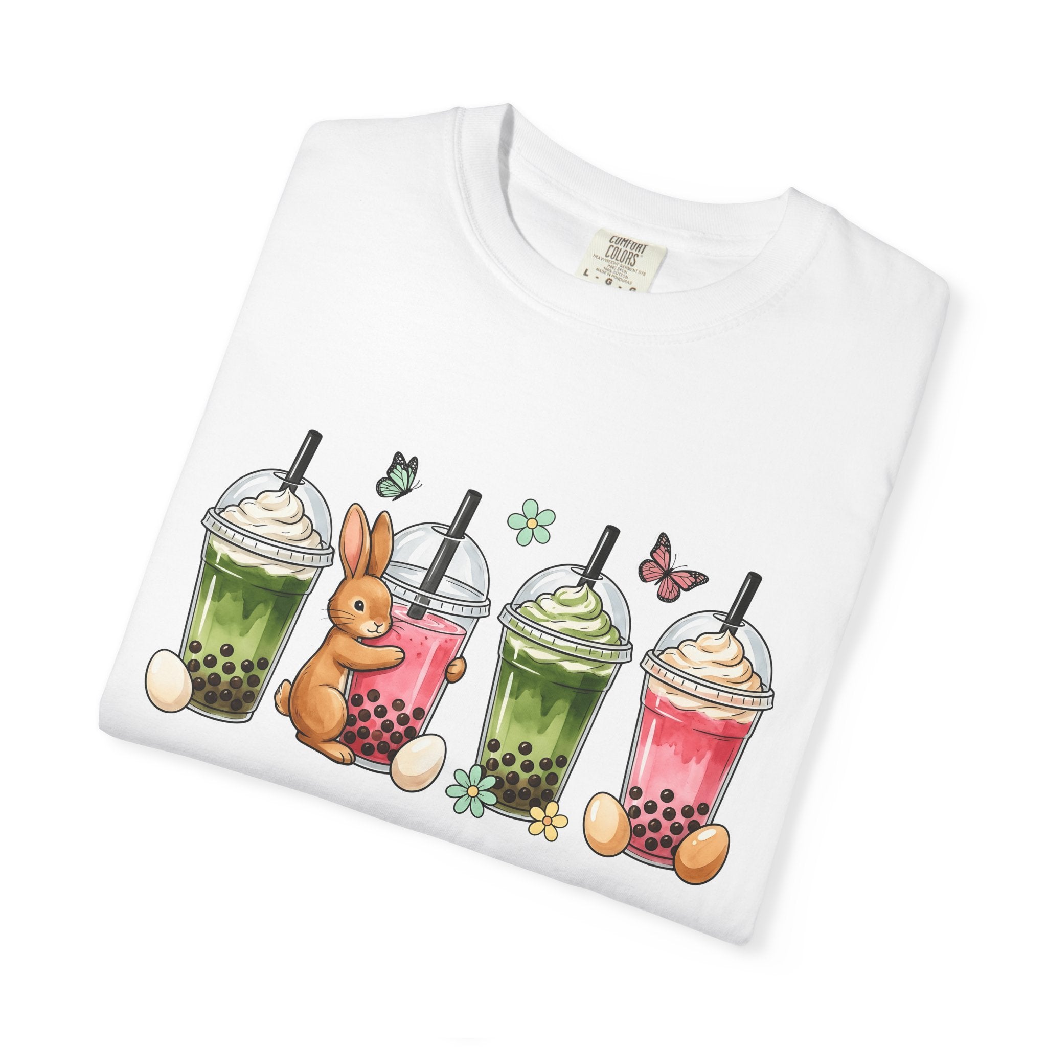 Bunny Boba Tea Shirt Easter Animal Gift Women Cute Tee Bubble Tea T-Shirt Easter Fan Cartoon Tshirt Creature Graphic Hand Drawn Easter Eggs