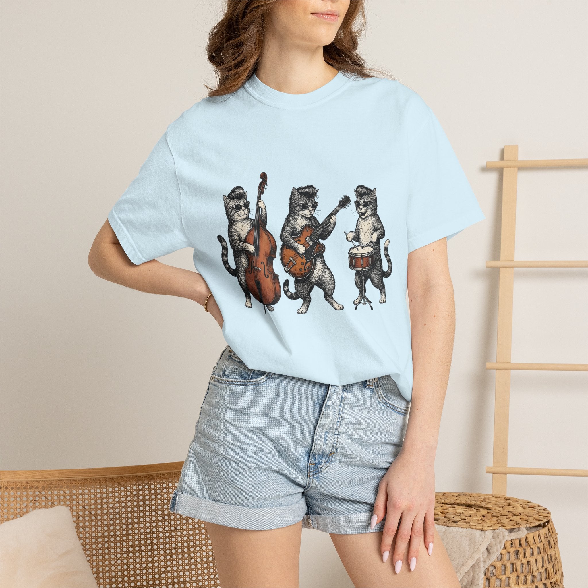Kitty Group Shirt Cat Sound Gift Women Distressed Tee Cat T-Shirt Cat Fan Vintage Tshirt Audio Graphic Doodle Spectacles Tshirt
