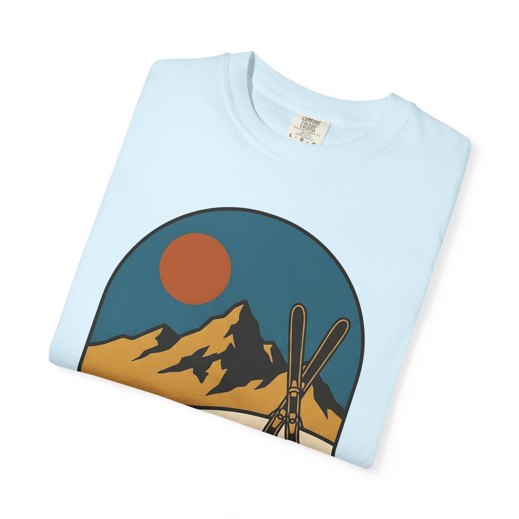 Alpine Skis Shirt Skiing Exploration Gift Women Hand Drawn Tee Skis T-Shirt Skier Fan Illustrated Tshirt Adventure Graphic Sketch Sunshine