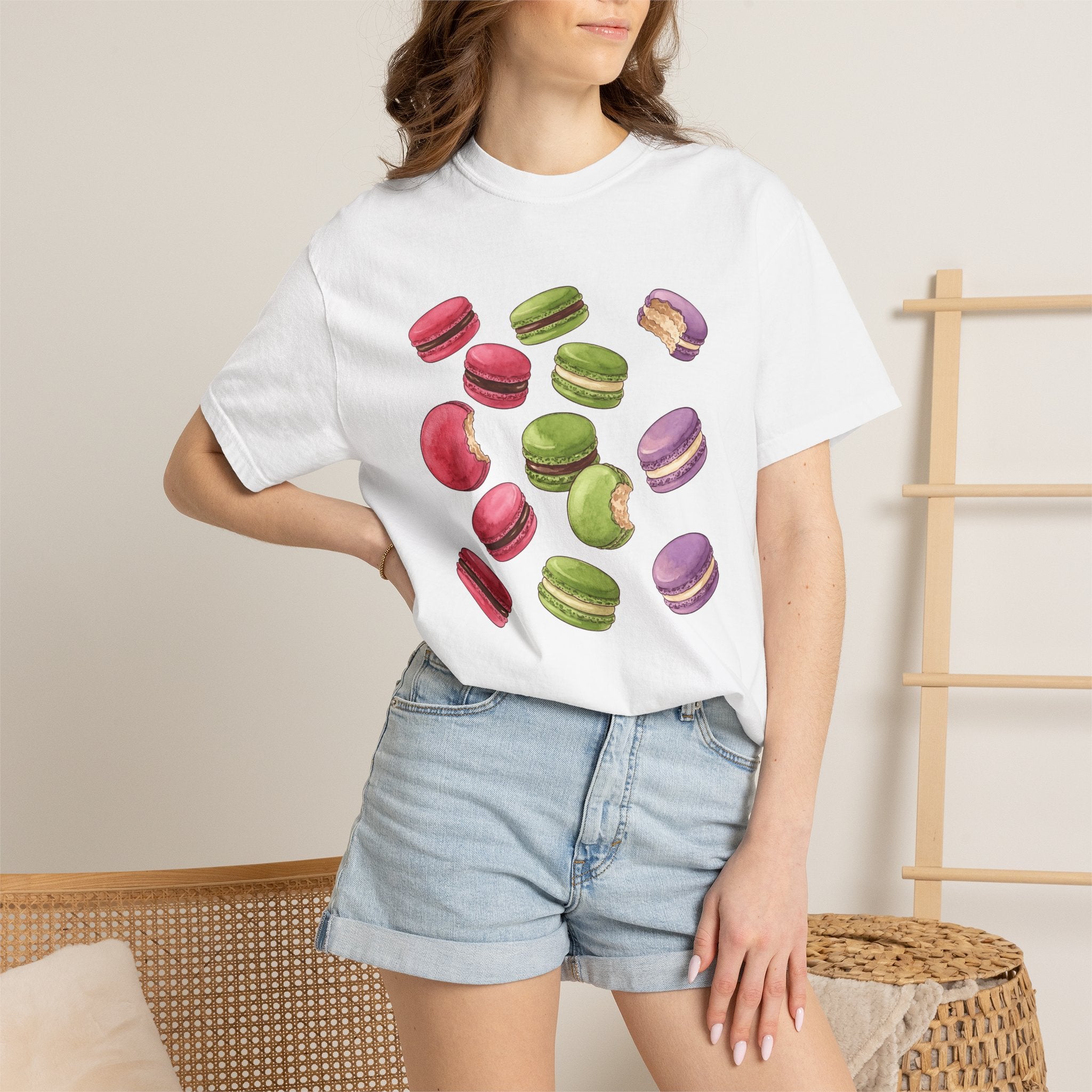 Macaron Design Shirt Desserts Pastry Gift Women Ink Tee Macaron T-Shirt Dessert Fan Tattoo Tshirt Confectionery Graphic Sketch Bite Tshirt