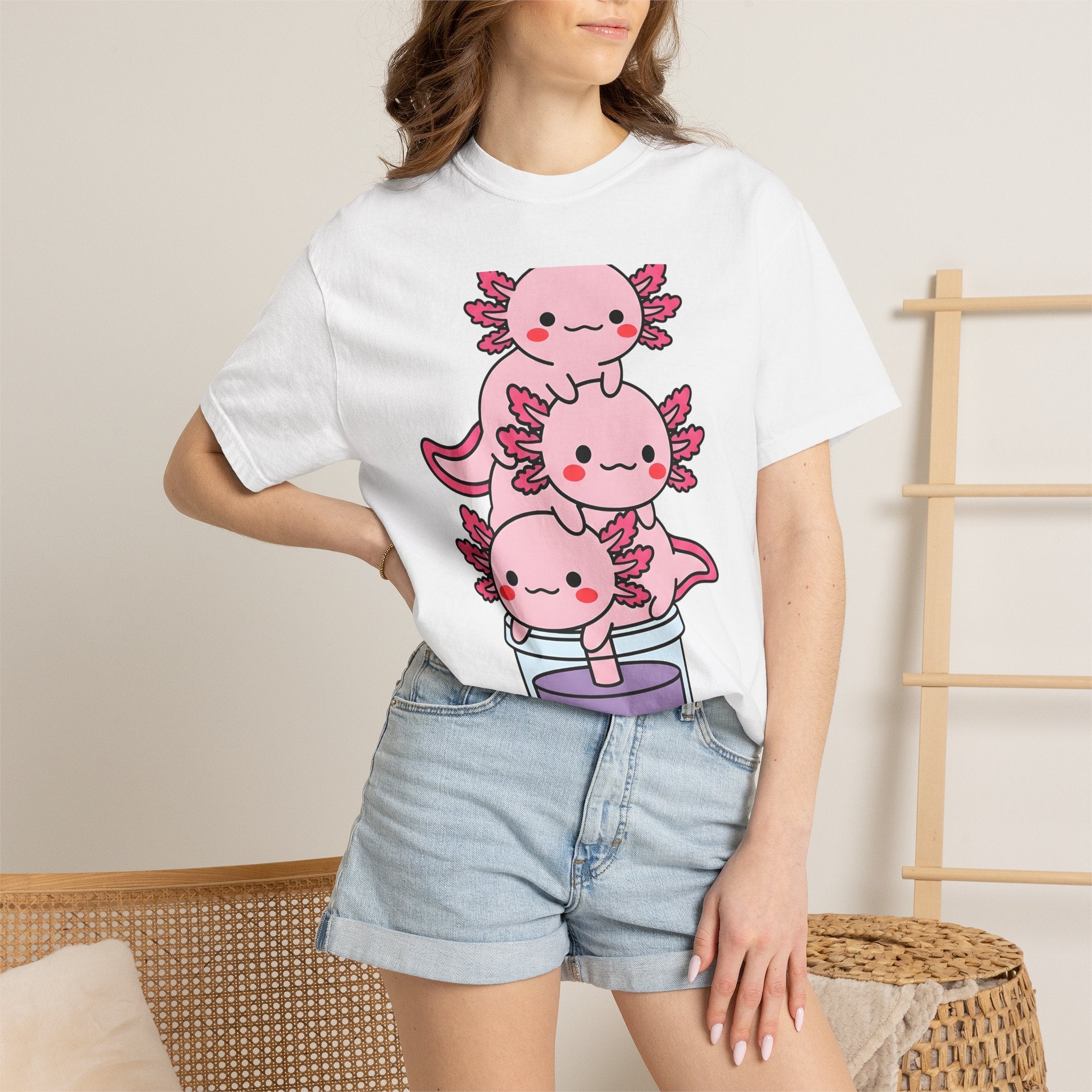 Axolotl Tea Shirt Drinks Pets Gift Women Cute Tee Mexican Salamander T-Shirt Beverage Fan Animal Graphic Illustration Comic Boba Drink
