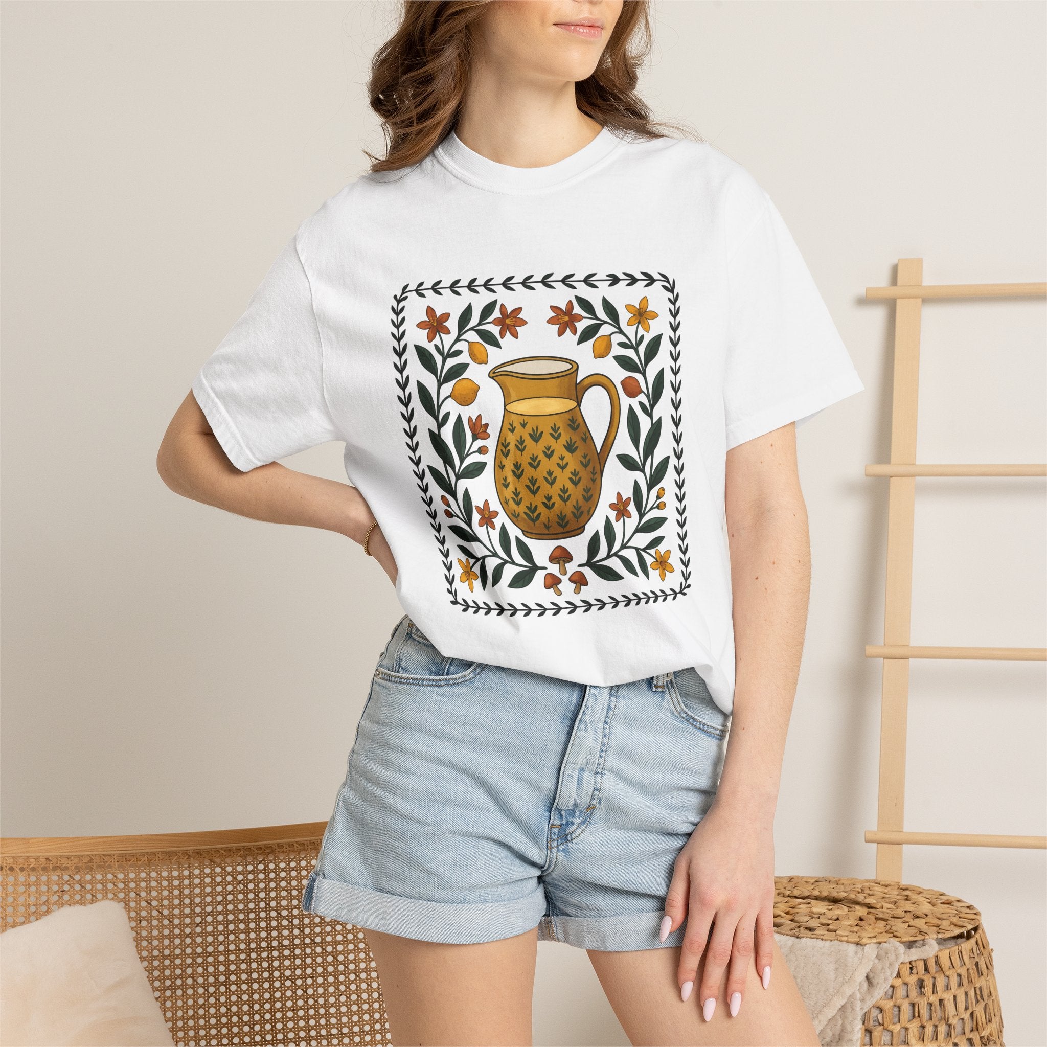 Classic Pitcher Shirt Coffee Bakeware Gift Women Primitive Tee Jug T-Shirt Coffee Fan Baking Tshirt Kitchenware Graphic Garden Blossom Edge