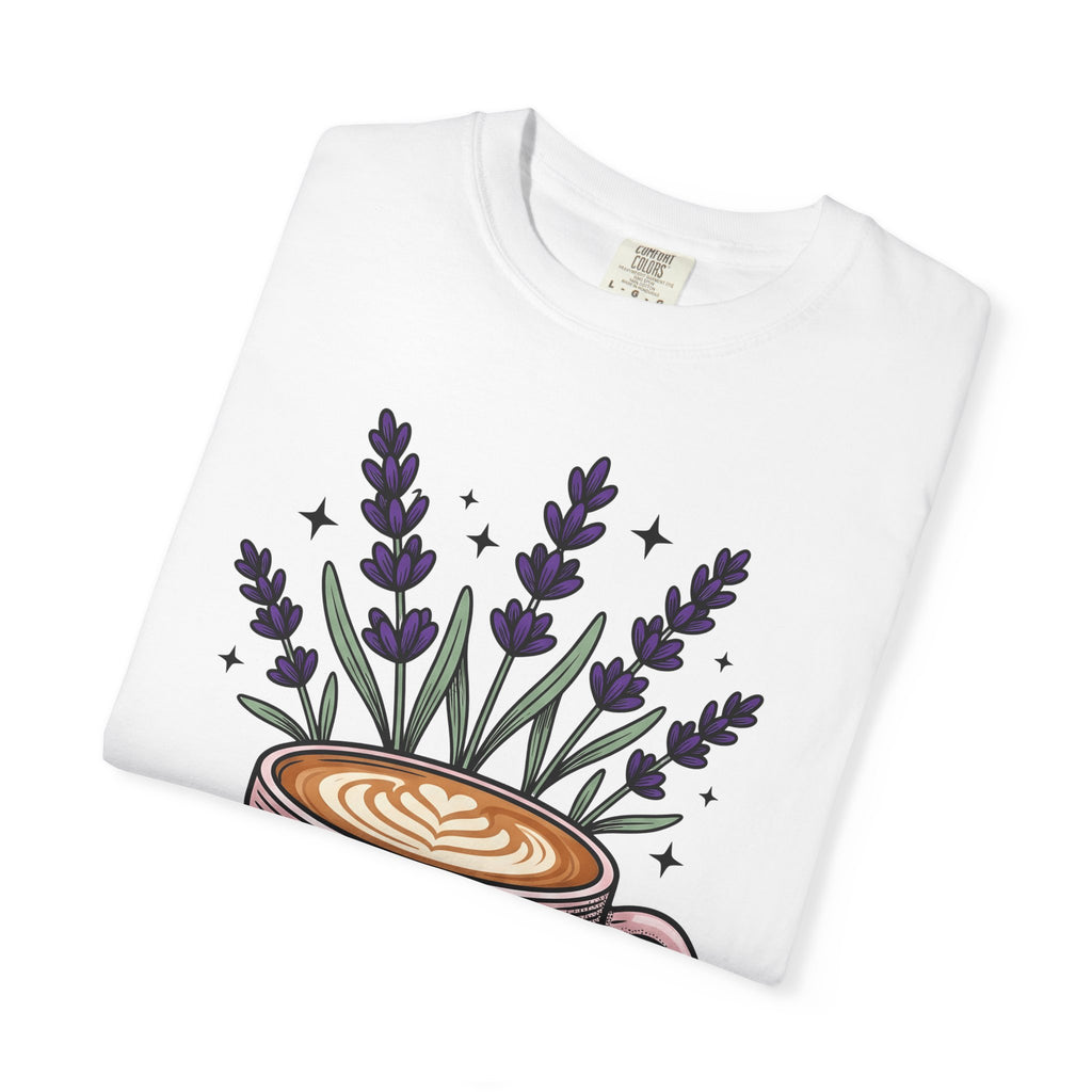 Espresso Cup Shirt Coffee Petals Gift Women Cartoon Tee Coffee Mug T-Shirt Coffee Fan Cartoony Tshirt Floral Graphic Hand Drawn Lavender