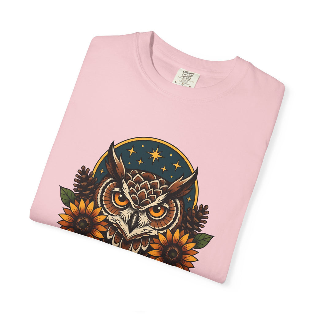 Owl Sunflower Shirt Fall Wilderness Gift Women Tribal Tee Owl T-Shirt Autumn Fan Hoot Graphic Shabby Chic Pinecone Tshirt