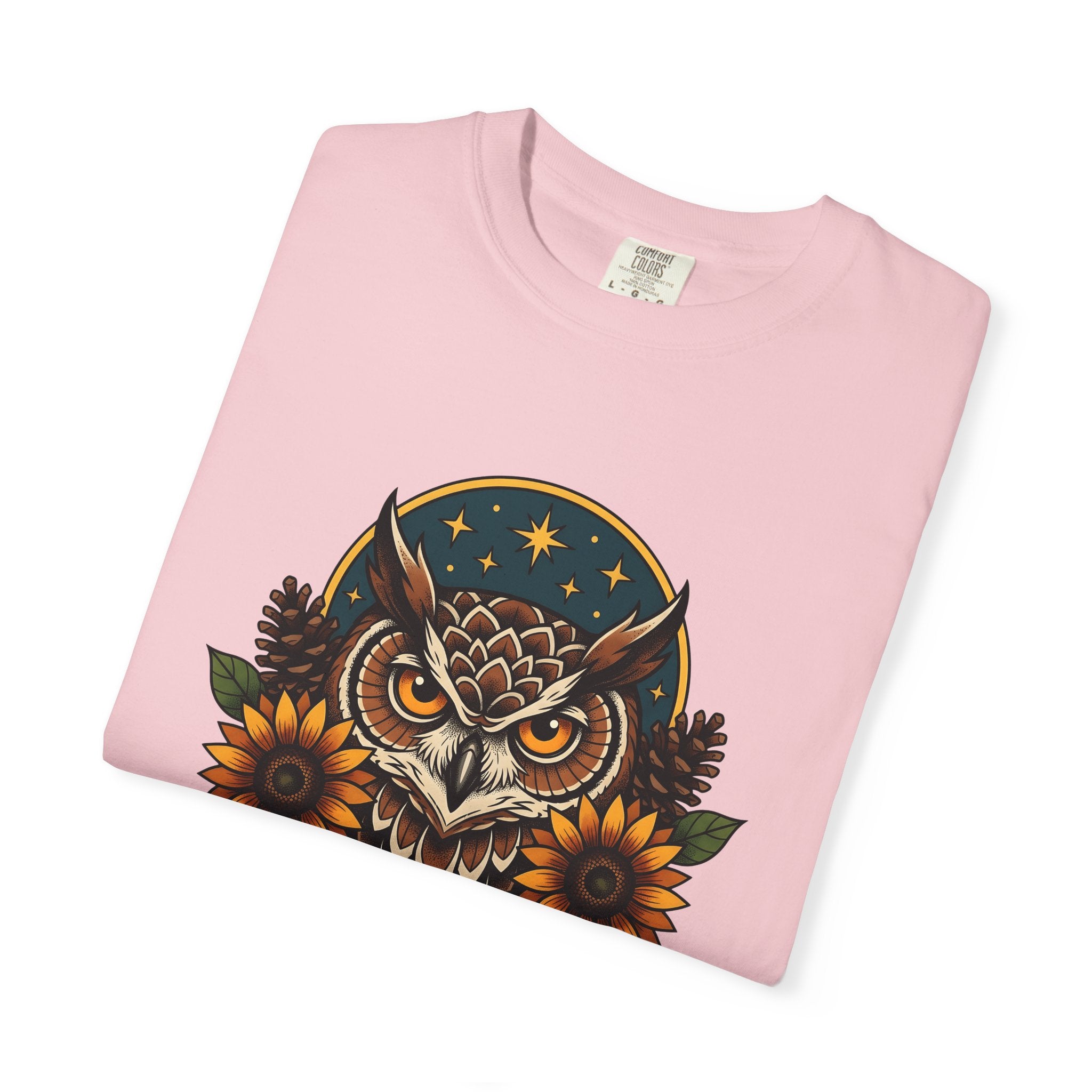 Owl Sunflower Shirt Fall Wilderness Gift Women Tribal Tee Owl T-Shirt Autumn Fan Hoot Graphic Shabby Chic Pinecone Tshirt