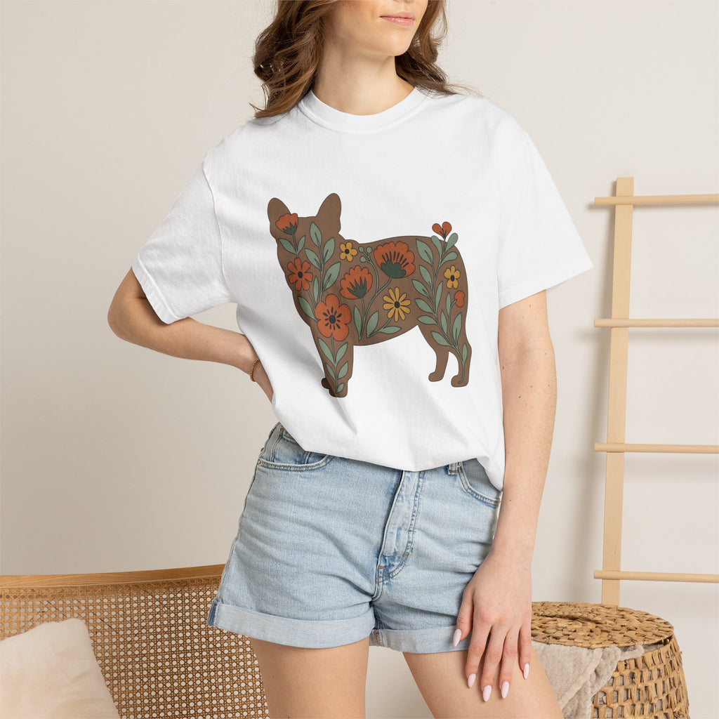 French Bulldog Shirt Dog Floral Gift Women Boho Tee Bouledogue Francais T-Shirt Dog Fan Hippie Tshirt Botanical Graphic Minimalist Flowers