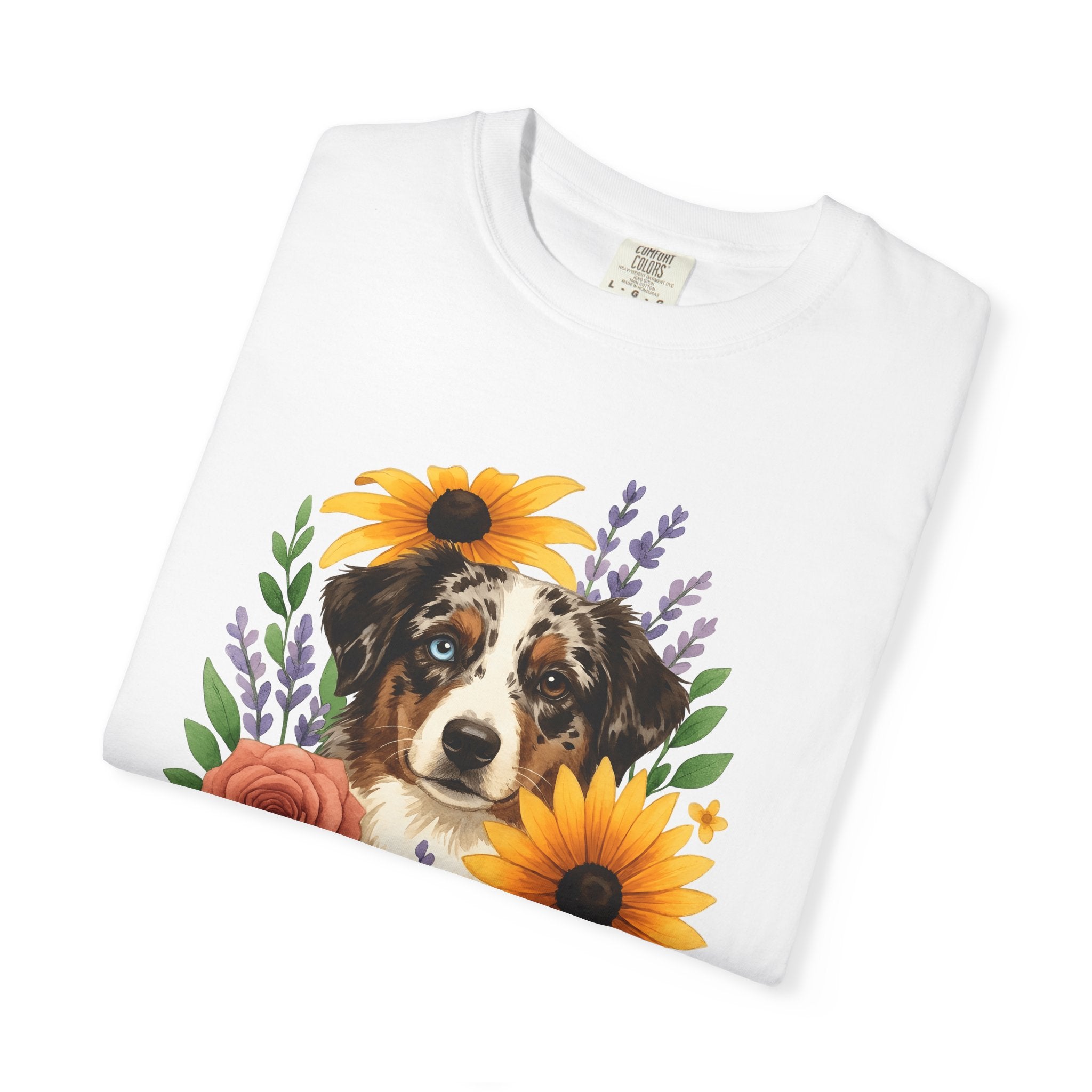 Aussie Breed Shirt Dog Bouquet Gift Women Painterly Tee Australian Dog T-Shirt Dog Fan Watercolor Tshirt Floral Graphic Folk Petals Tshirt