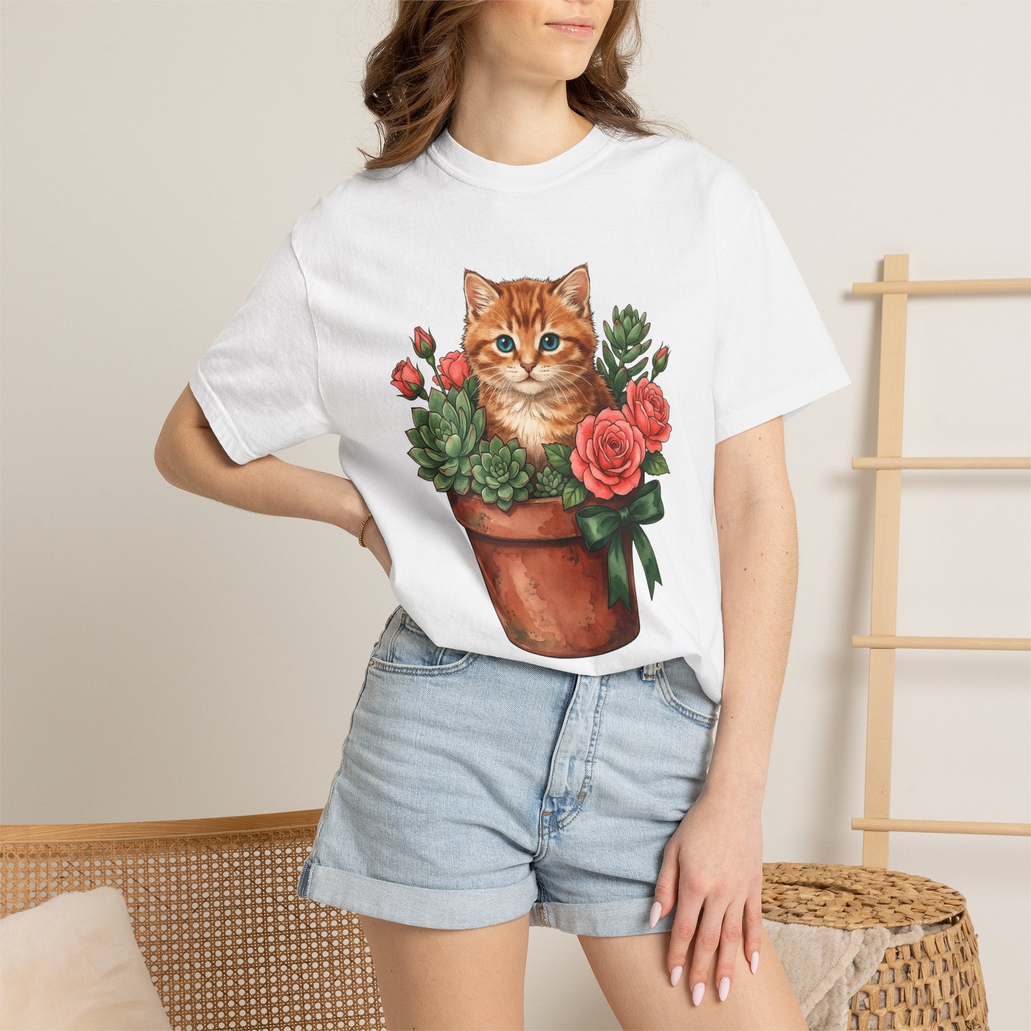 Marmalade Cat Shirt Cat Greenery Gift Women Pastel Tee Tabby Cat T-Shirt Cat Fan Fancy Cat Tshirt Botanical Graphic Leaves Houseplant Tshirt
