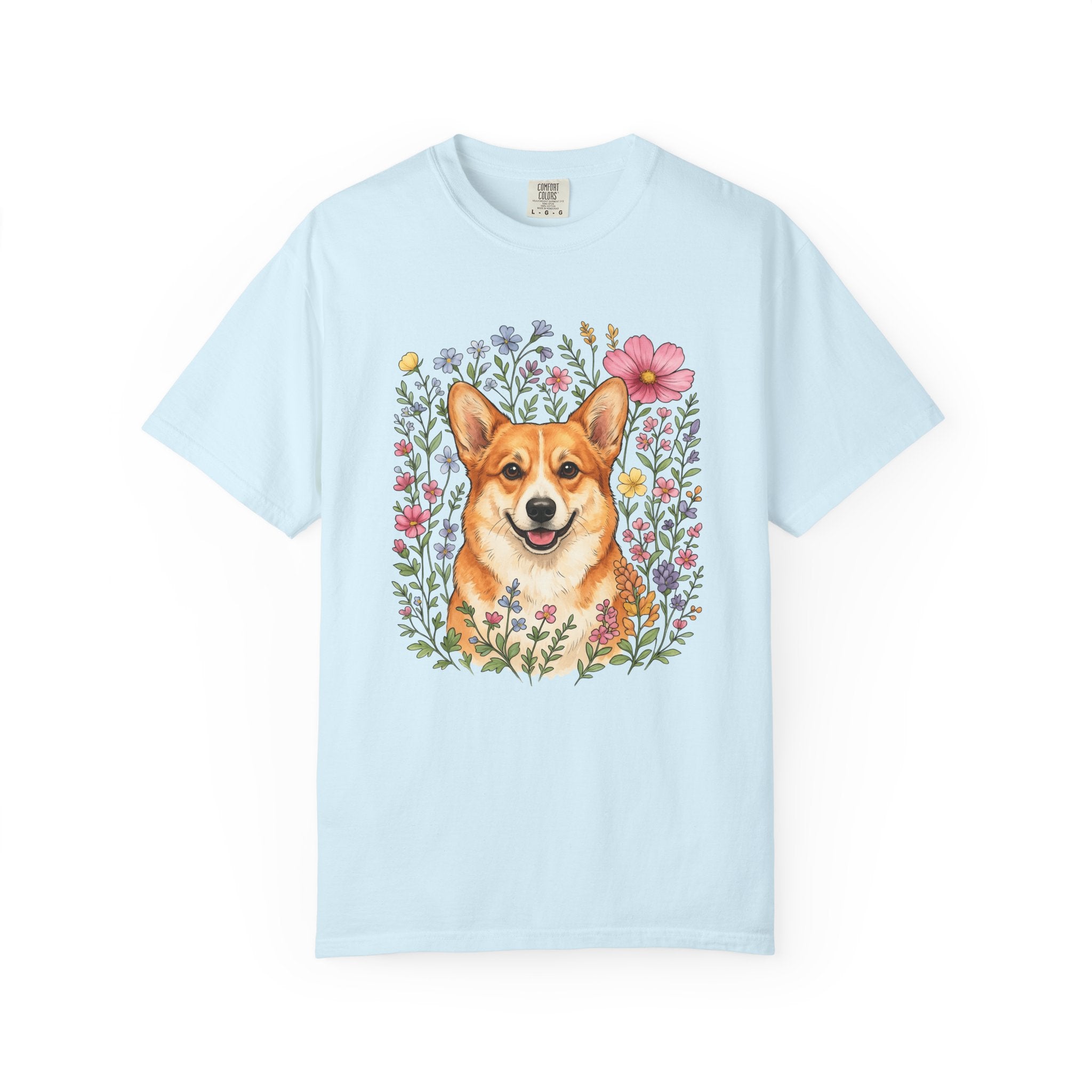Corgi Pet Shirt Dog Blossoms Gift Women Line Art Tee Puppy T-Shirt Dog Fan Canine Tshirt Floral Graphic Pastel Garden Blooms Tshirt
