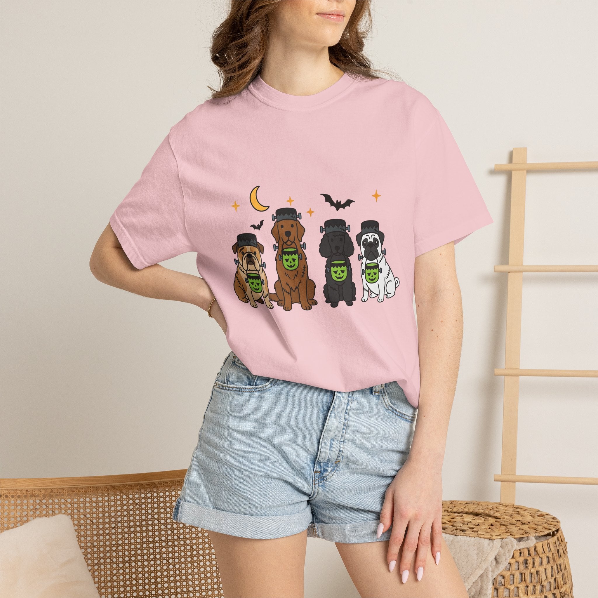 Puppy Group Shirt Halloween Animals Gift Women Anime Tee Puppies T-Shirt Spooky Fan Cartoon Tshirt Creature Graphic Line Art Flying Bat