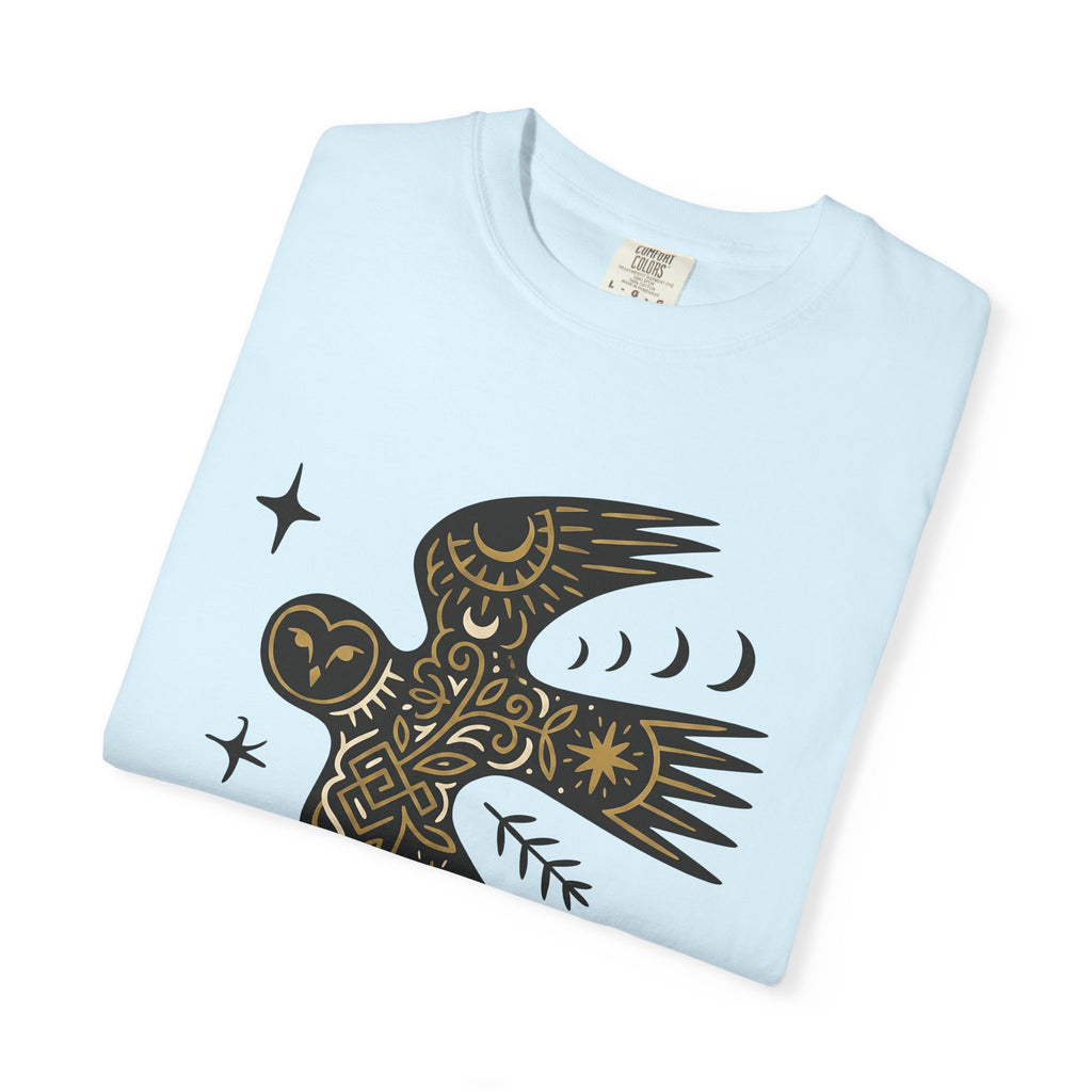Owl Illustration Shirt Boho Chic Astrology Gift Women Hippie Tee Owl T-Shirt Bohemian Fan Psychedelic Tshirt Zodiac Graphic Simple Crescent