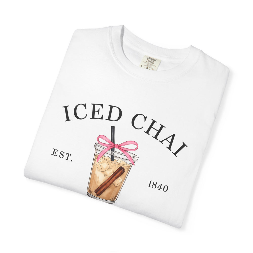 Iced Chai Cup Shirt Coffee Tea Gift Women Hand Drawn Tee Chai Mug T-Shirt Coffee Fan Tea Cup Graphic Illustration Vintage Pink Bow Tshirt