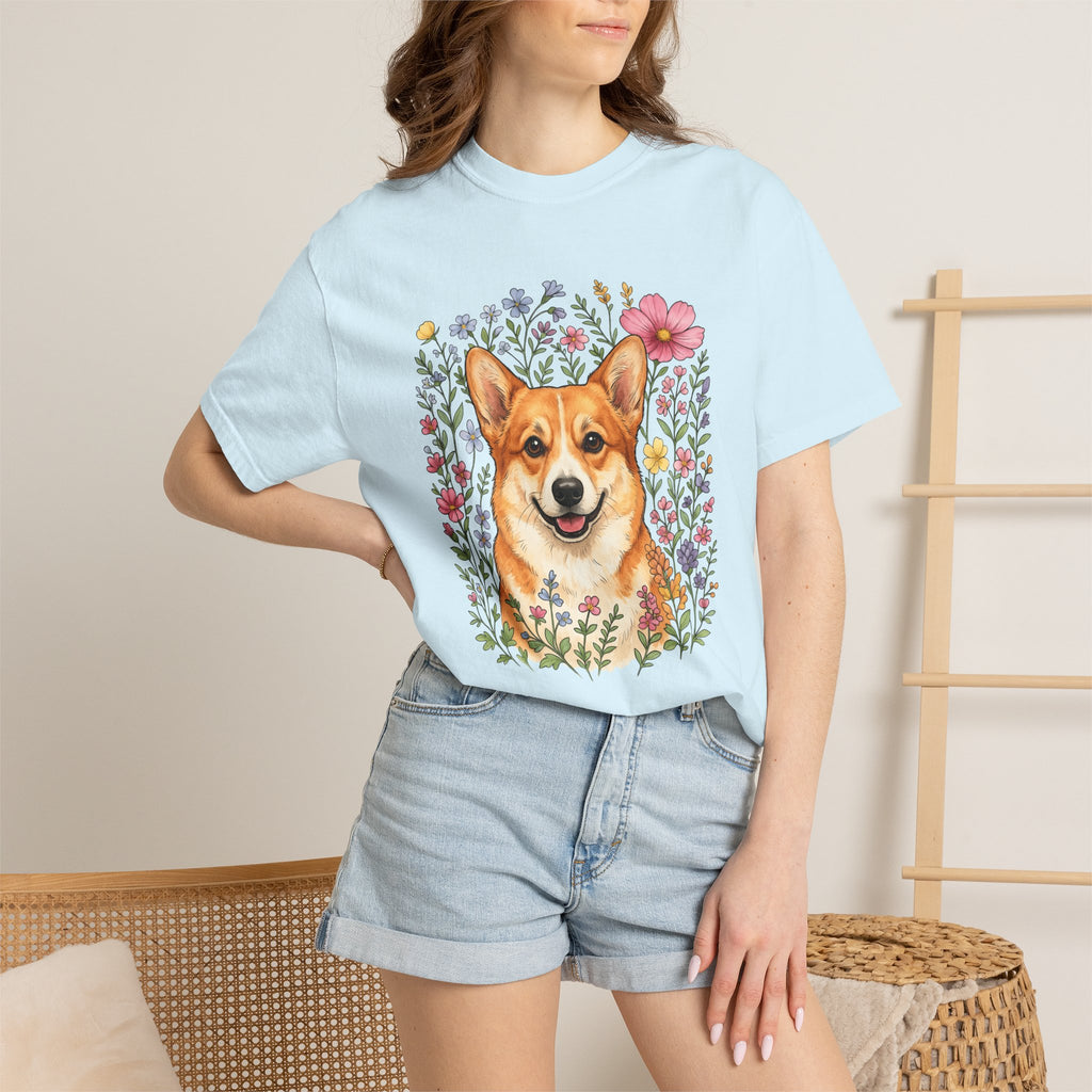 Corgi Pet Shirt Dog Blossoms Gift Women Line Art Tee Puppy T-Shirt Dog Fan Canine Tshirt Floral Graphic Pastel Garden Blooms Tshirt