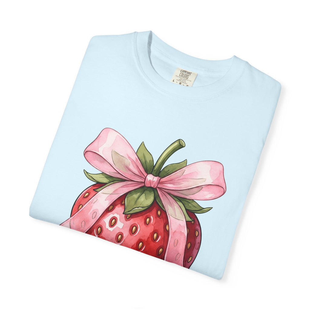 Strawberry Bow Shirt St. Valentine's Day Produce Gift Women Hand Painted Tee Bow T-Shirt Valentine's Day Fan Painted Tshirt Fruit Graphic
