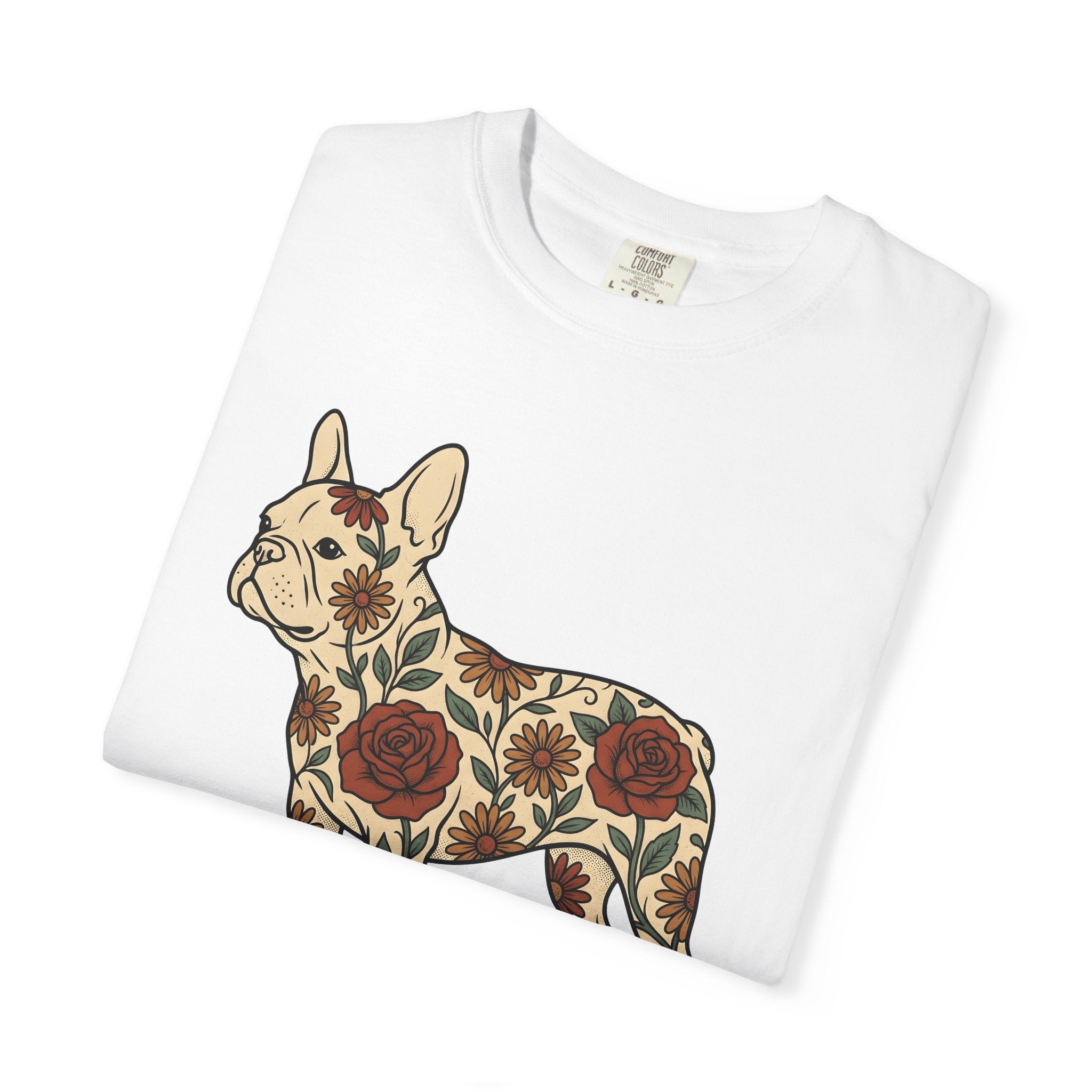 French Bulldog Shirt Dog Botanical Gift Women Traditional Tattoo Tee Bulldog T-Shirt Dog Fan Tattooed Tshirt Floral Graphic Retro Flower