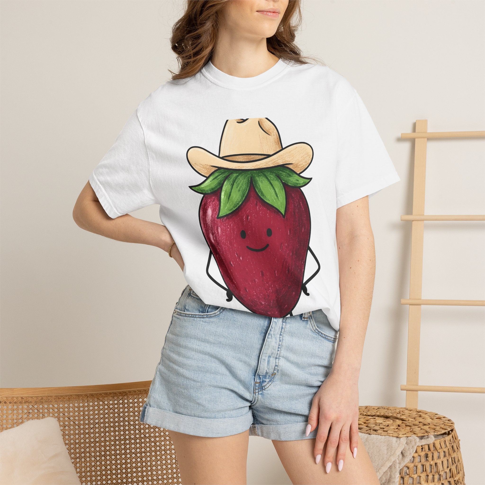 Strawberry Cowboy Shirt Cowgirl Fruit Gift Women Cartoon Tee Cowboy T-Shirt Rodeo Fan Comic Tshirt Berry Illustration Doodle Cowboy Hat