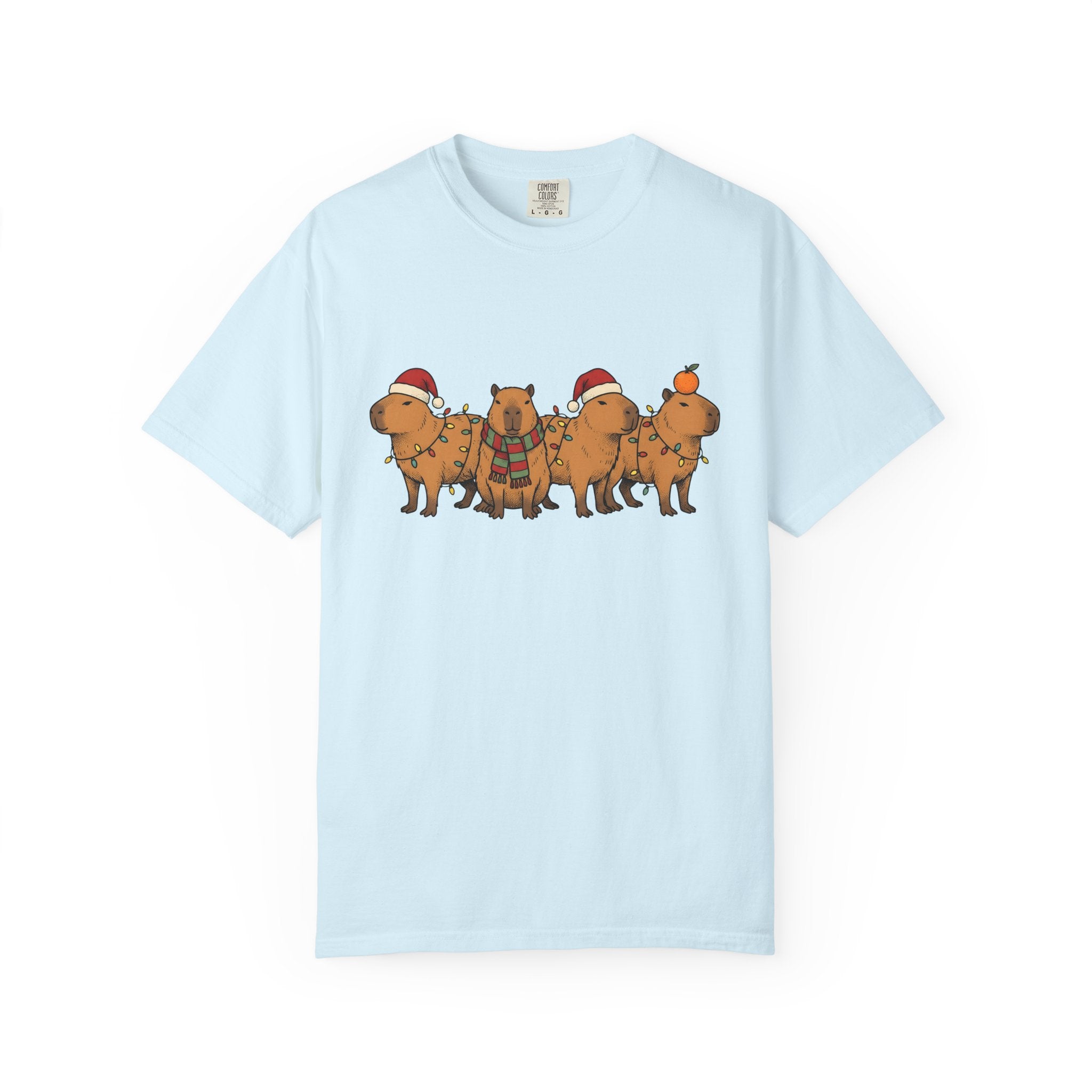 Capybara Herd Shirt Christmas Creatures Gift Women Illustration Tee Rodent T-Shirt Xmas Fan Drawing Graphic Line Art Led Lights Tshirt