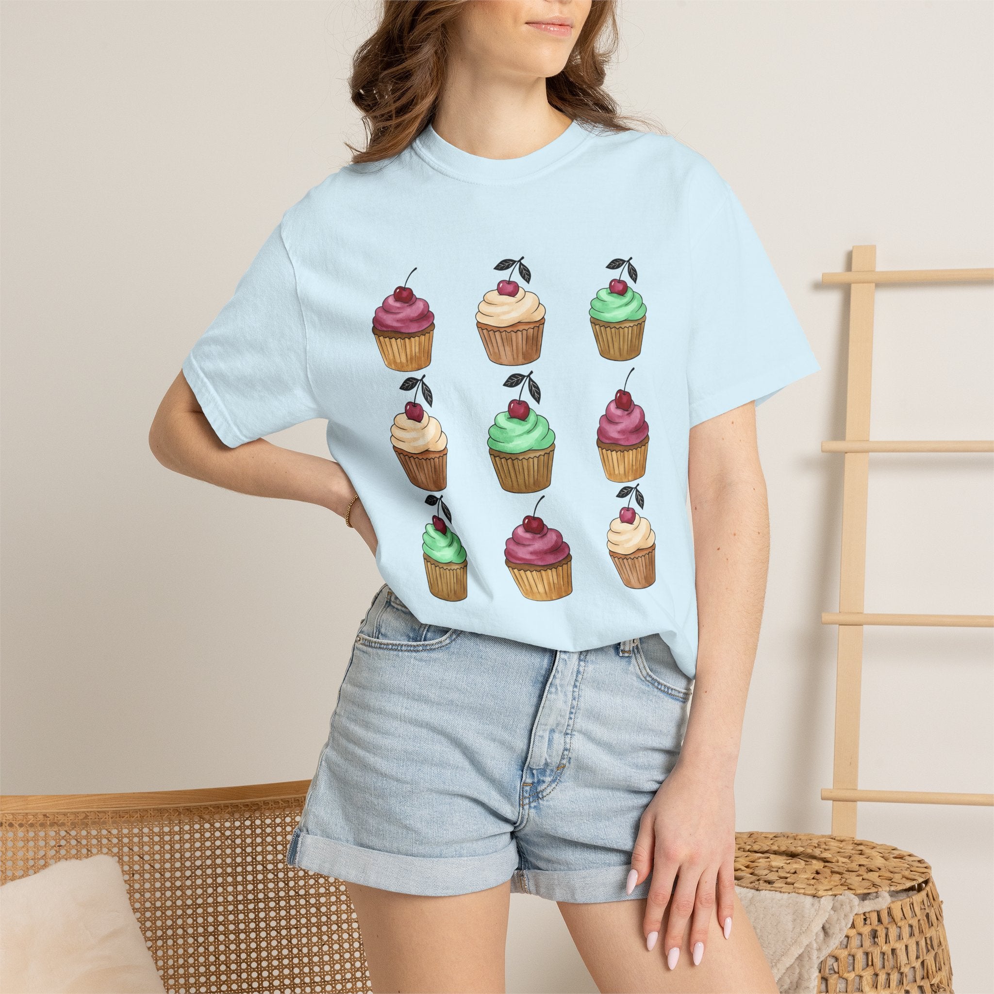 Cupcake Motif Shirt Desserts Sweets Gift Women Ink Tee Muffin T-Shirt Pastry Fan Tattoo Tshirt Treat Design Outline Cherry Tshirt