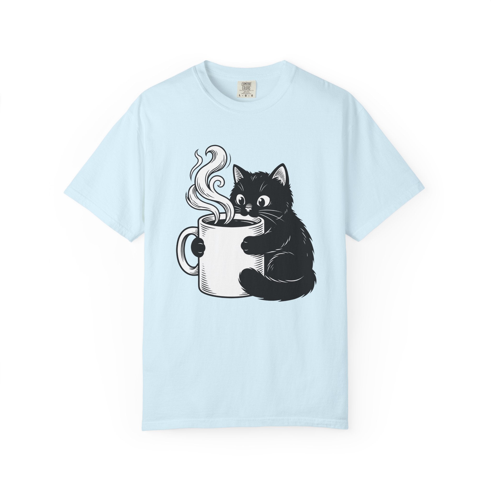 Black Feline Mug Shirt Cat Cappuccino Gift Women Cartoon Tee Cat T-Shirt Cat Fan Kitten Tshirt Coffee Graphic Hand Drawn Hot Steam Tshirt