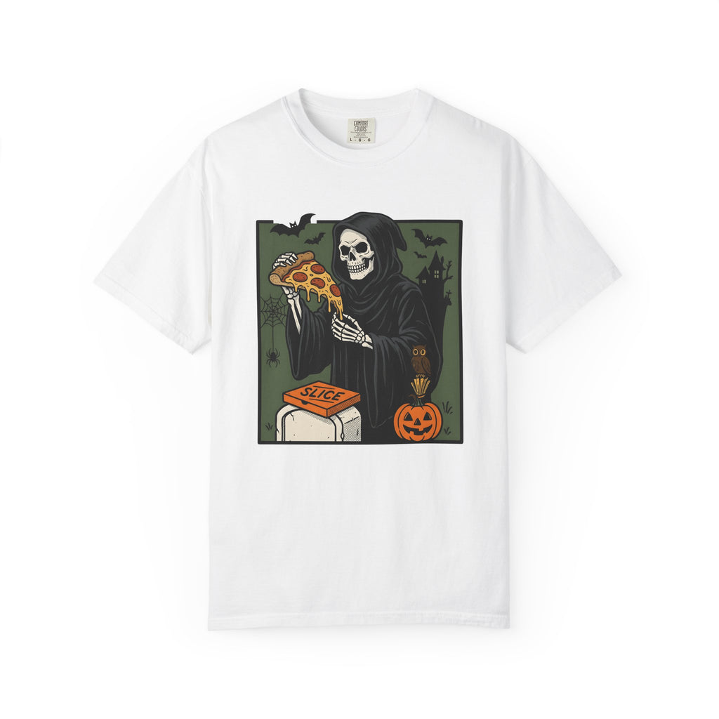 Death Skeleton Pizza Shirt Halloween Macabre Gift Women Classic Tee Skeleton Pizza T-Shirt Horror Fan Spooky Tshirt Dark Graphic Old School