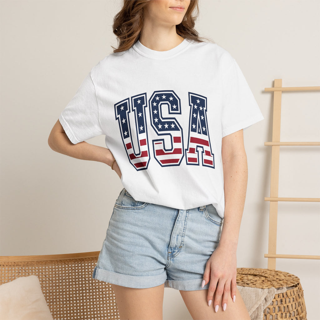 Usa Flag Letters Shirt 4th Of July Patriotic Gift Women Bold Tee American Flag T-Shirt Independence Day Enthusiast Typography Tshirt
