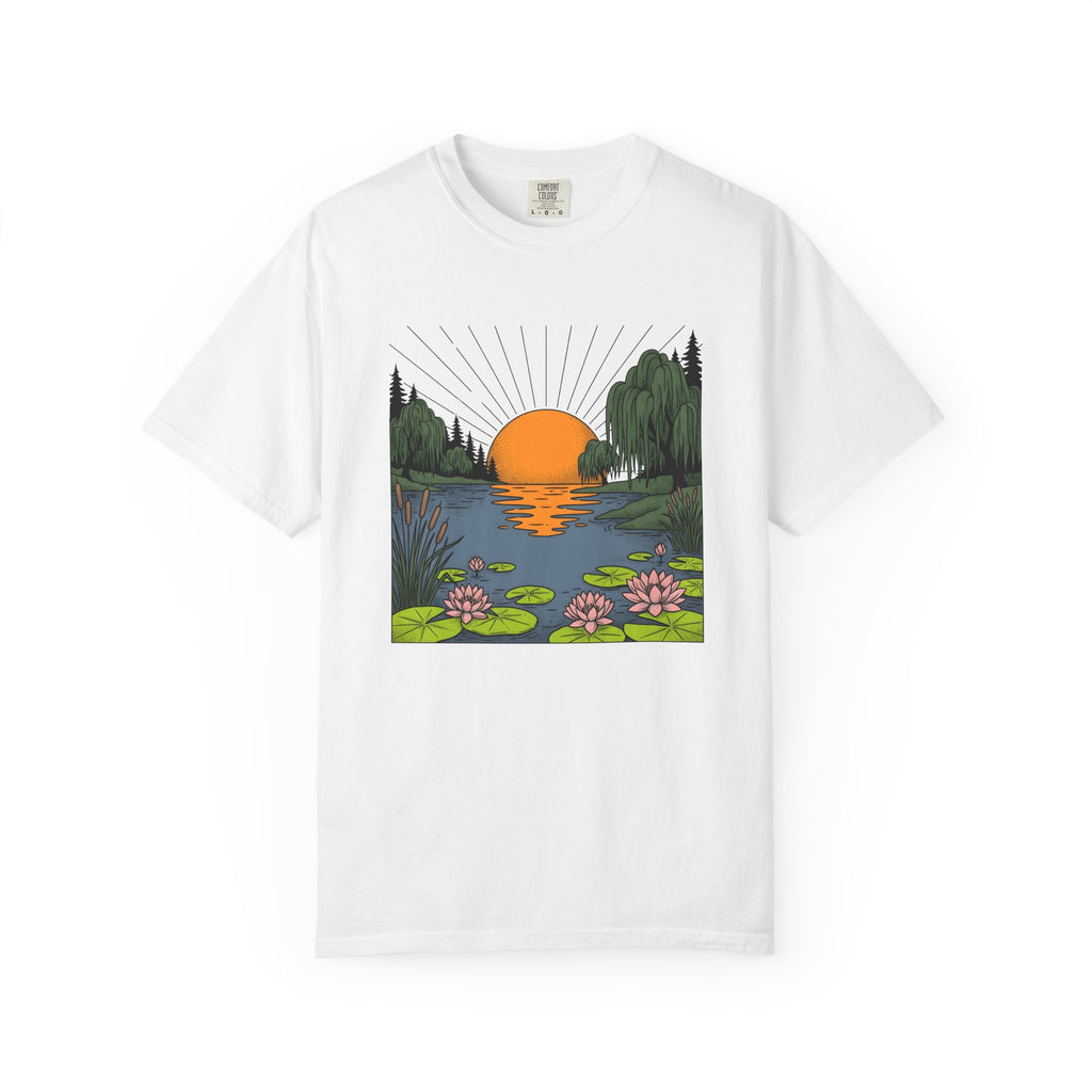 Twilight Lake Scene Shirt Nature Wildlife Gift Women Garden Illustration Tee Lakefront T-Shirt Outdoor Fan Botanical Tshirt Animal Graphic