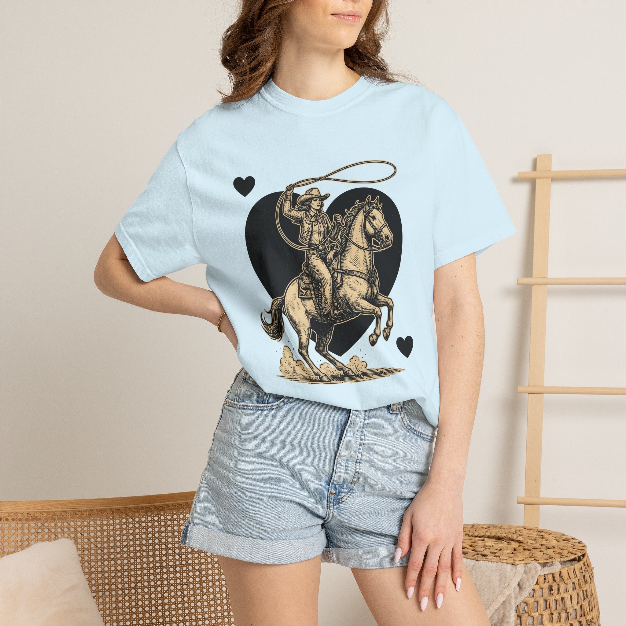 Cowgirl Horse Shirt Western Ranch Gift Women Classic Tee Cowgirl T-Shirt Rodeo Fan Vintage Tshirt Farm Graphic Doodle Heart Shapes Tshirt