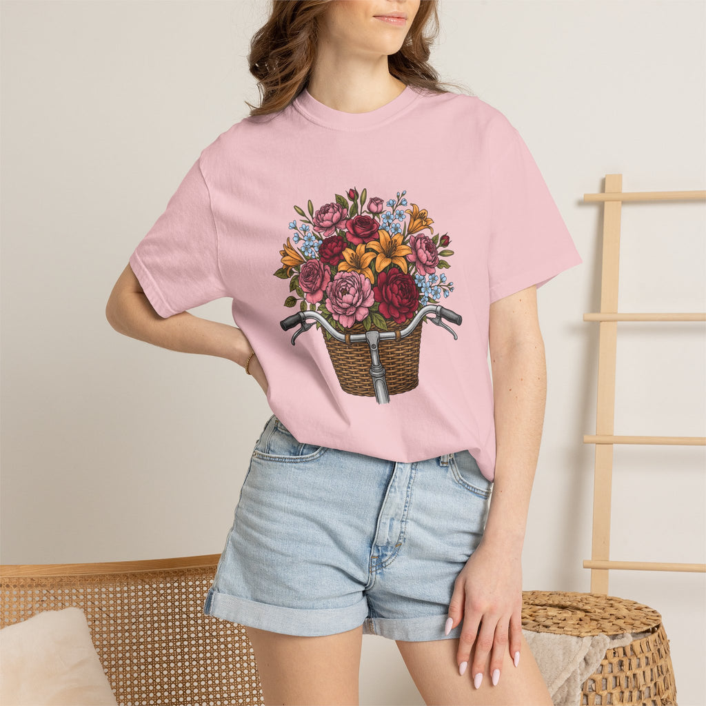 Cycle Basket Flowers Shirt Easter Petals Gift Women Floral Drawing Tee Bicycle Basket T-Shirt Spring Fan Floral Art Tshirt Floral Design