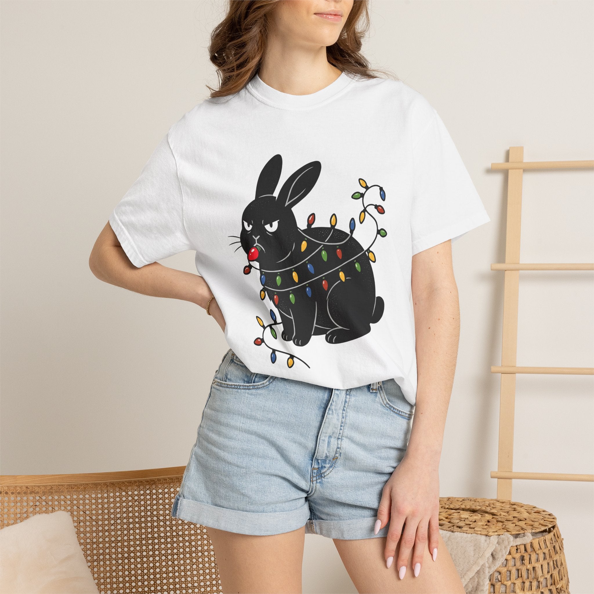 Black Rabbit Shirt Christmas Animal Gift Women Cartoon Tee Bunny T-Shirt Xmas Fan Comic Tshirt Creature Graphic Retro Christmas Lights