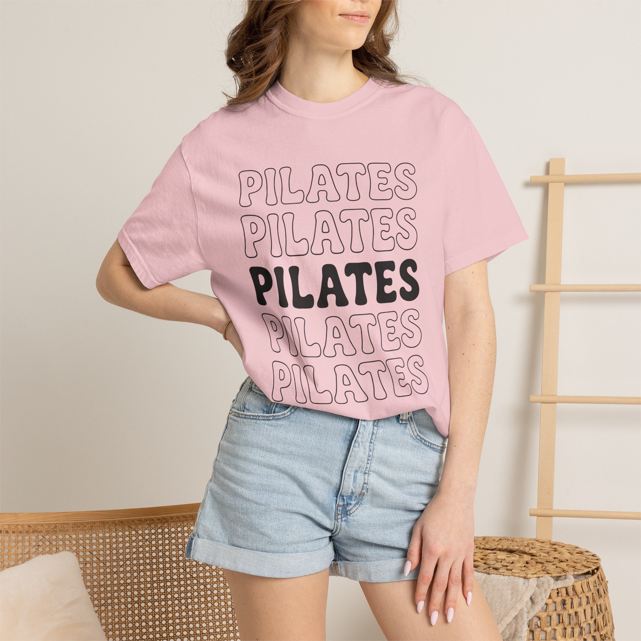 Layered Text Design Shirt Pilates Workout Gift Women Psychedelic Tee Typography T-Shirt Fitness Enthusiast Bohemian Tshirt Exercise Graphic