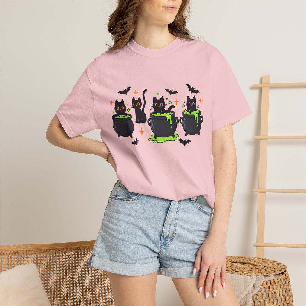 Black Kitty Pot Shirt Cat Spooky Gift Women Kawaii Tee Cat Pot T-Shirt Cat Fan Cute Tshirt Horror Graphic Comic Flying Bat Tshirt
