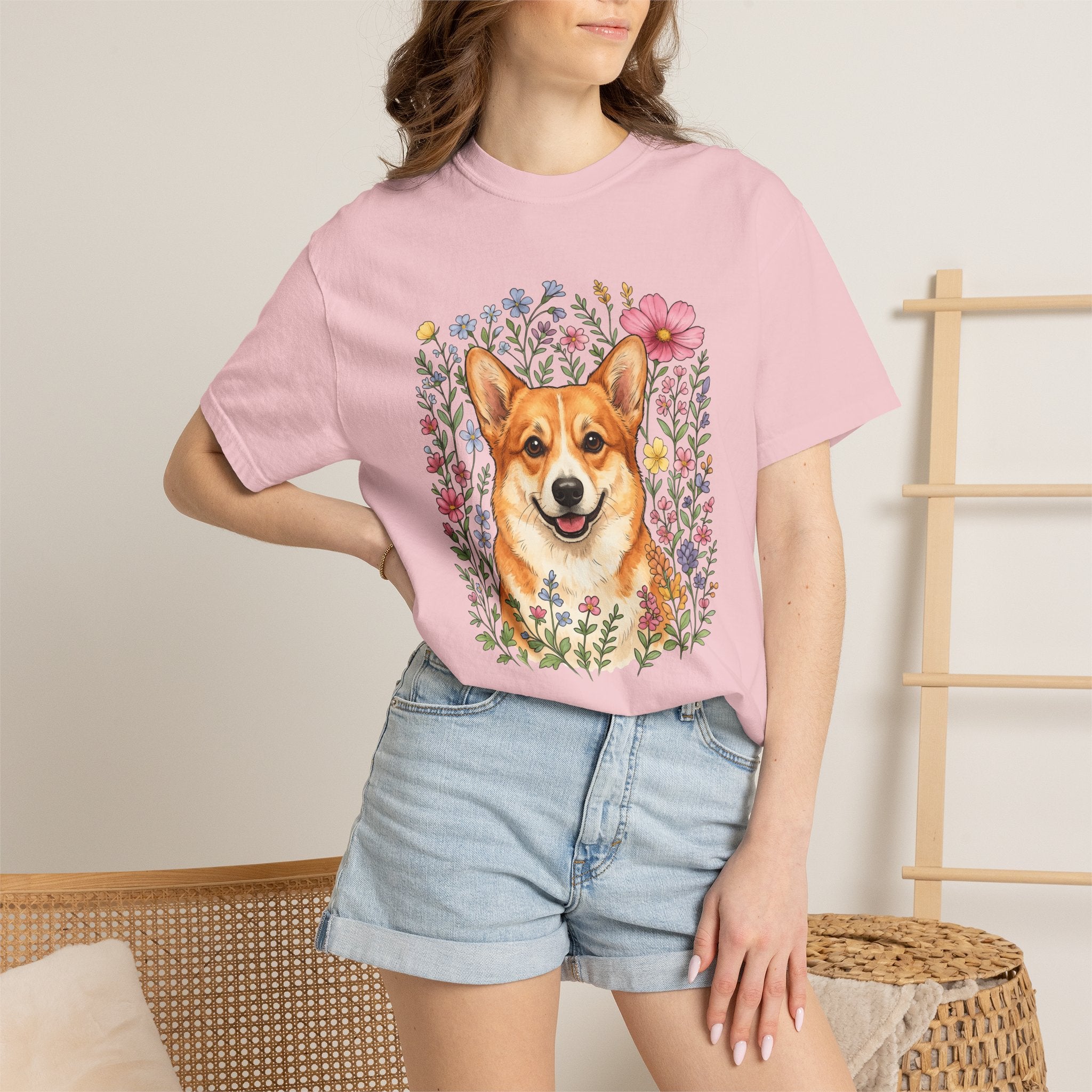 Corgi Pet Shirt Dog Blossoms Gift Women Line Art Tee Puppy T-Shirt Dog Fan Canine Tshirt Floral Graphic Pastel Garden Blooms Tshirt