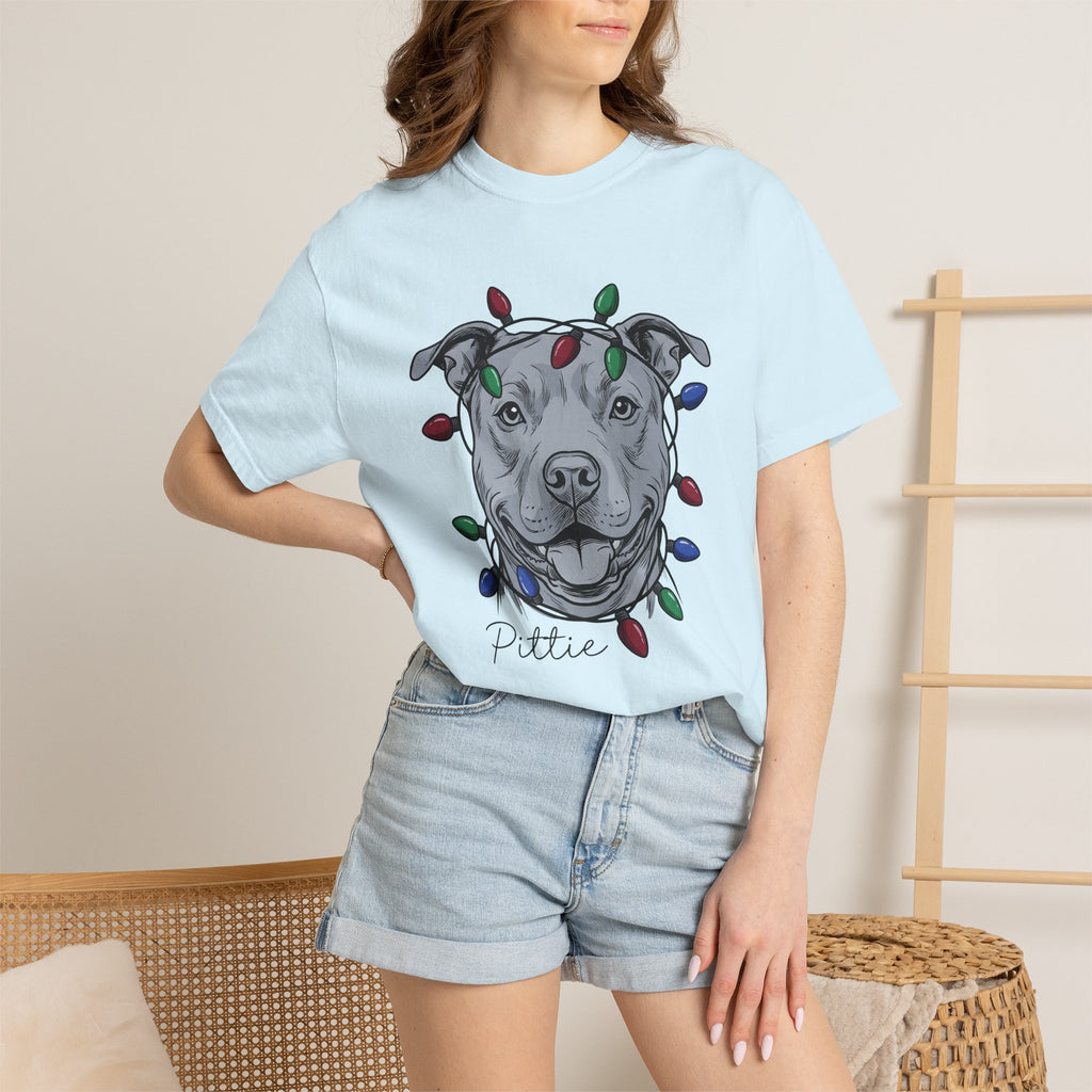 Pitbull Canine Shirt Dog Winter Gift Women Line Art Tee Pibble T-Shirt Dog Fan Illustrated Graphic Tshirt Hand Drawn String Lights Tshirt
