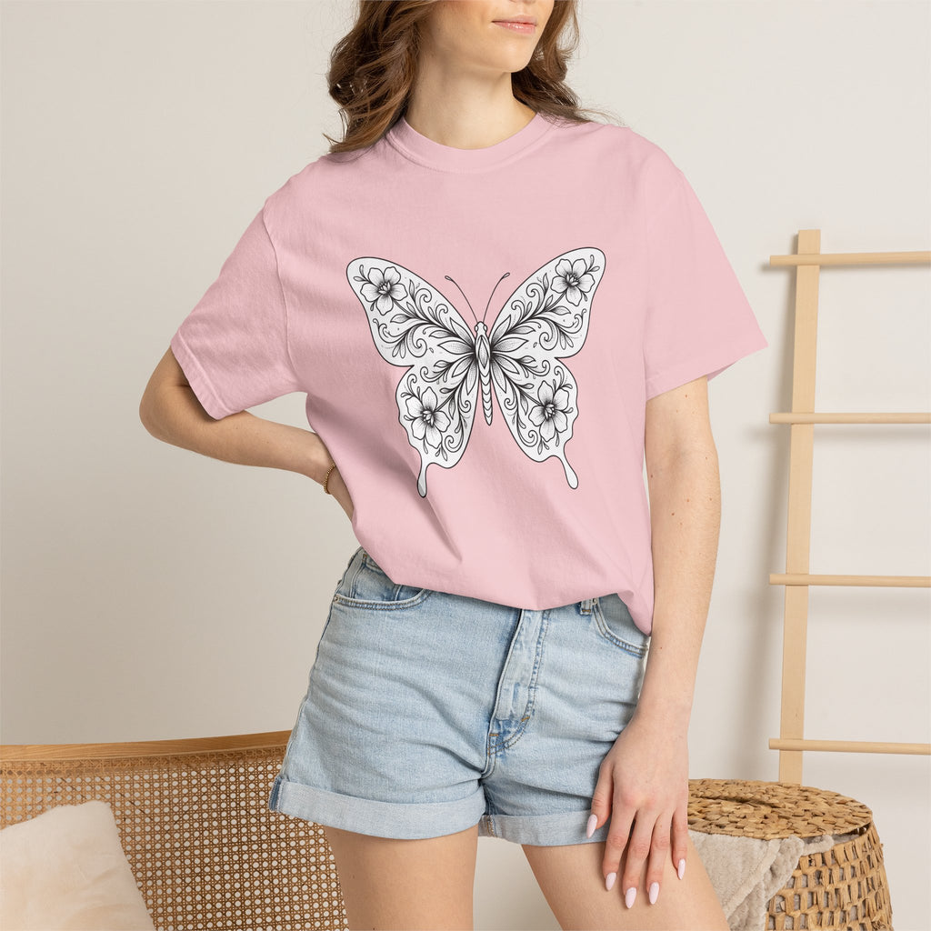Butterfly Floral Shirt Animals & Flowers Nature Gift Women Line Art Tee Butterfly T-Shirt Wildlife Fan Hand Drawn Tshirt Outdoor Graphic