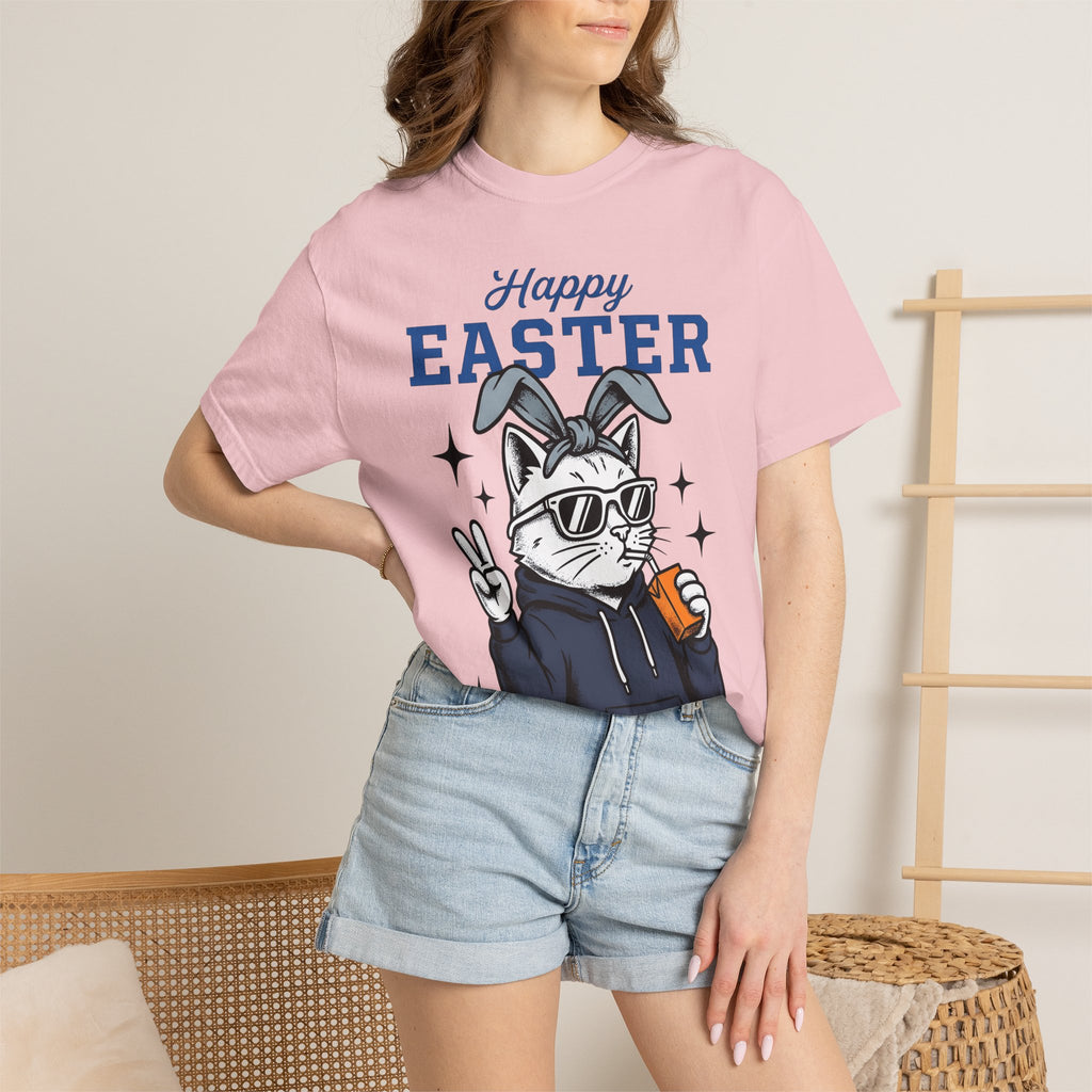 Kitty Bunny Ears Shirt Easter Felines Gift Women Hand Drawn Tee Bunny Ears T-Shirt Easter Fan Cartoon Tshirt Cat Graphic Old School Eyewear
