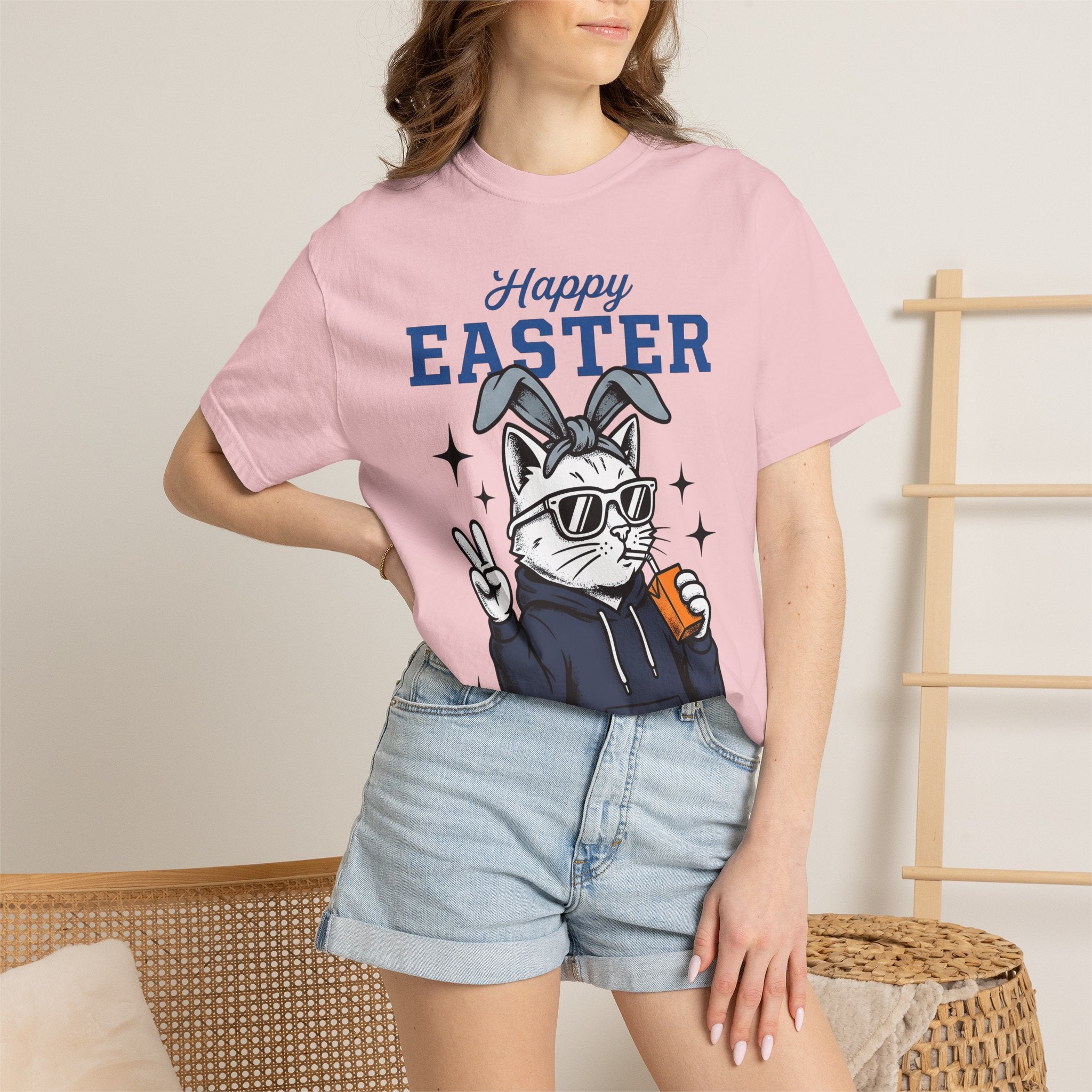 Kitty Bunny Ears Shirt Easter Felines Gift Women Hand Drawn Tee Bunny Ears T-Shirt Easter Fan Cartoon Tshirt Cat Graphic Old School Eyewear