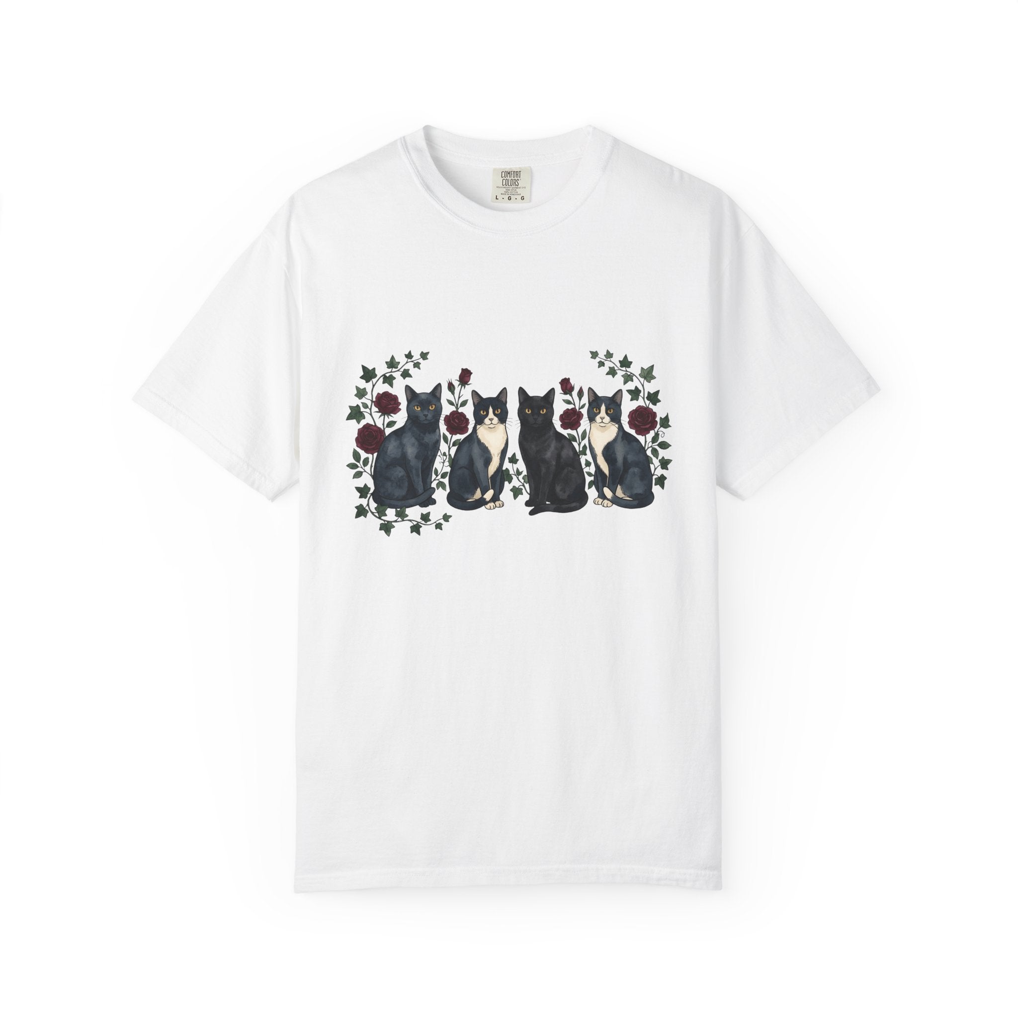Black Cats Shirt Cat Flowers Gift Women Watercolor Tee Kitties T-Shirt Cat Fan Feline Tshirt Floral Graphic Retro Red Roses Tshirt