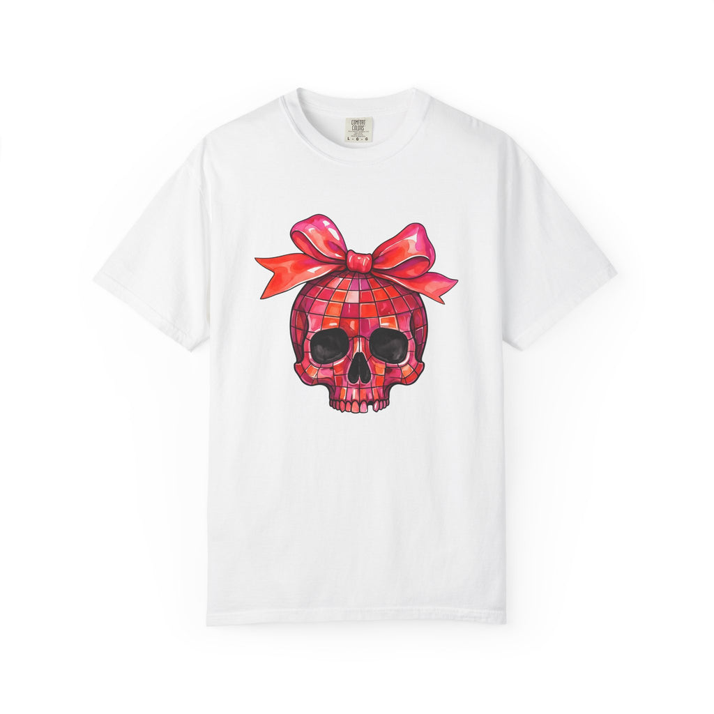 Disco Skull Shirt Halloween Party Gift Women Watercolor Tee Sugar Skull T-Shirt Horror Fan Halloween Art Tshirt Party Graphic Retro Bow
