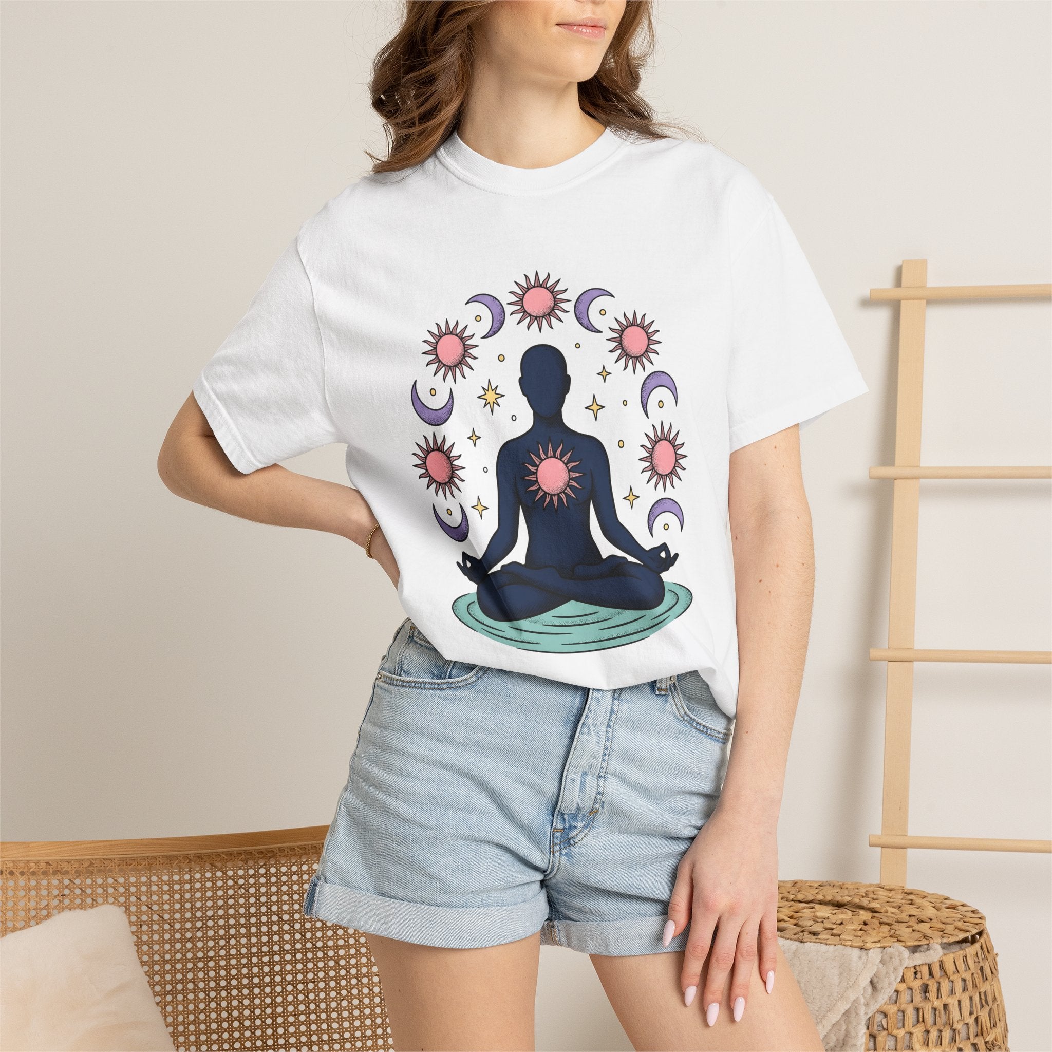 Meditating Person Shirt Boho Chic Metaphysical Gift Women Sketch Tee Yogi T-Shirt Bohemian Enthusiast Doodle Tshirt Spiritual Graphic Simple