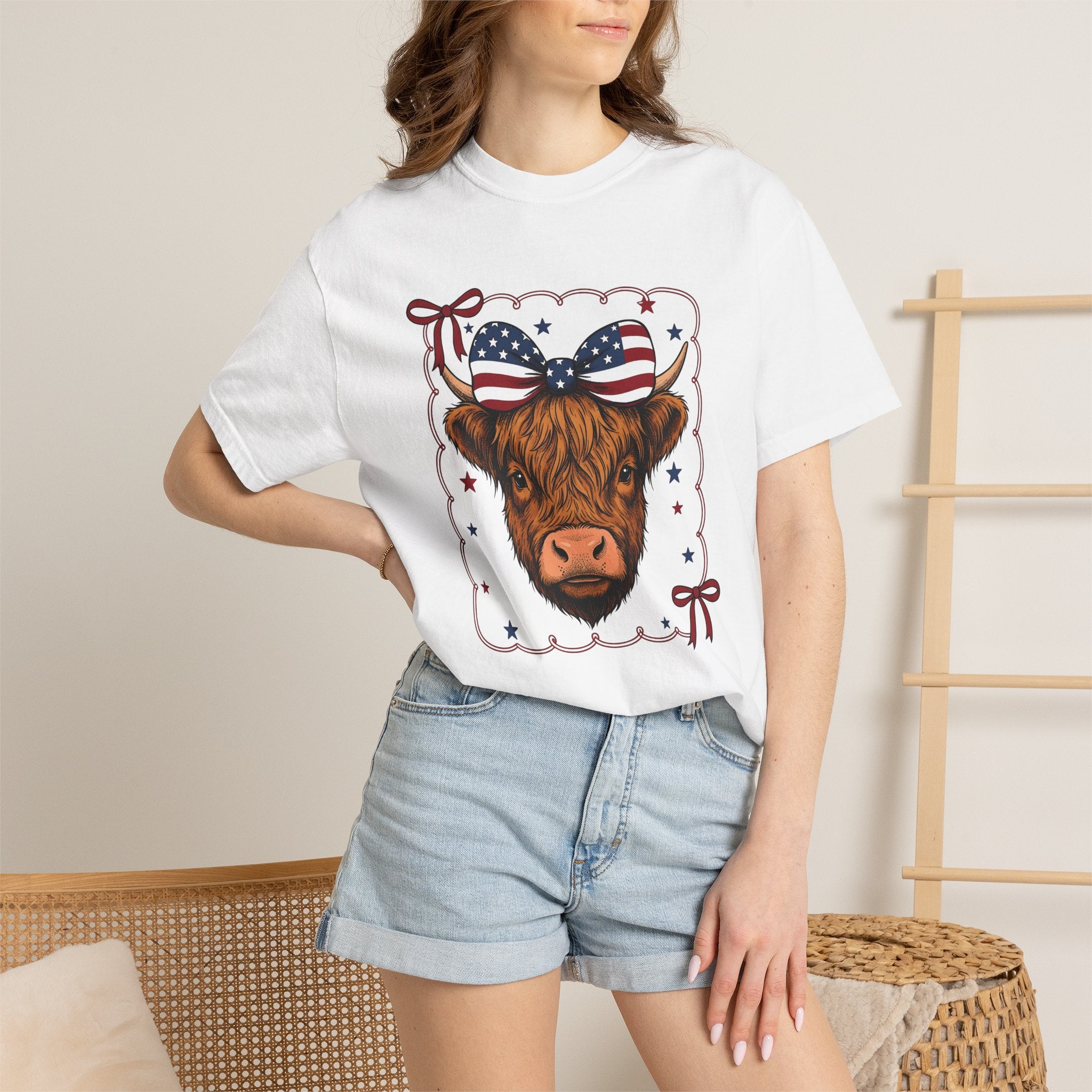 Scottish Cow Shirt America Agriculture Gift Women Retro Tee Highland Cow T-Shirt American Fan Vintage Tshirt Farming Graphic Sketch Flag Bow