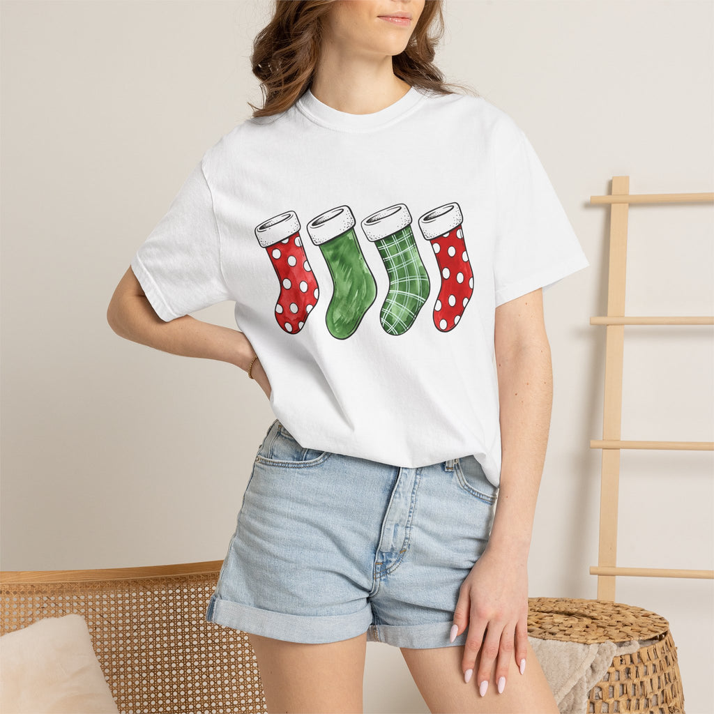 Christmas Stockings Shirt Christmas Holiday Gift Women Watercolor Tee Stocking T-Shirt Xmas Fan Watercolour Tshirt Seasonal Graphic Sketch
